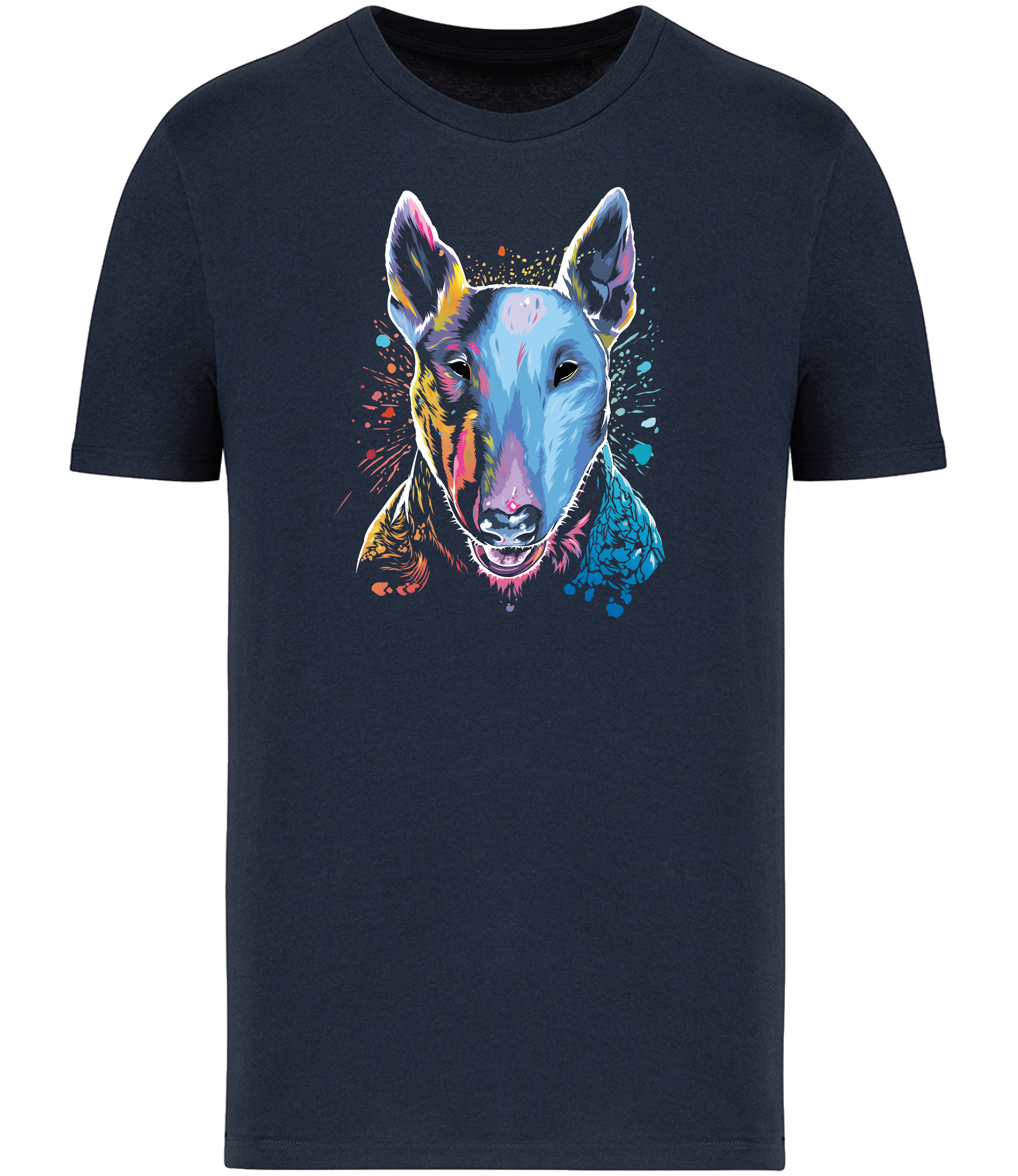 Navy Blue T-shirt printed with an English Bull Terrier Dog face in bright colours and paint splashes 