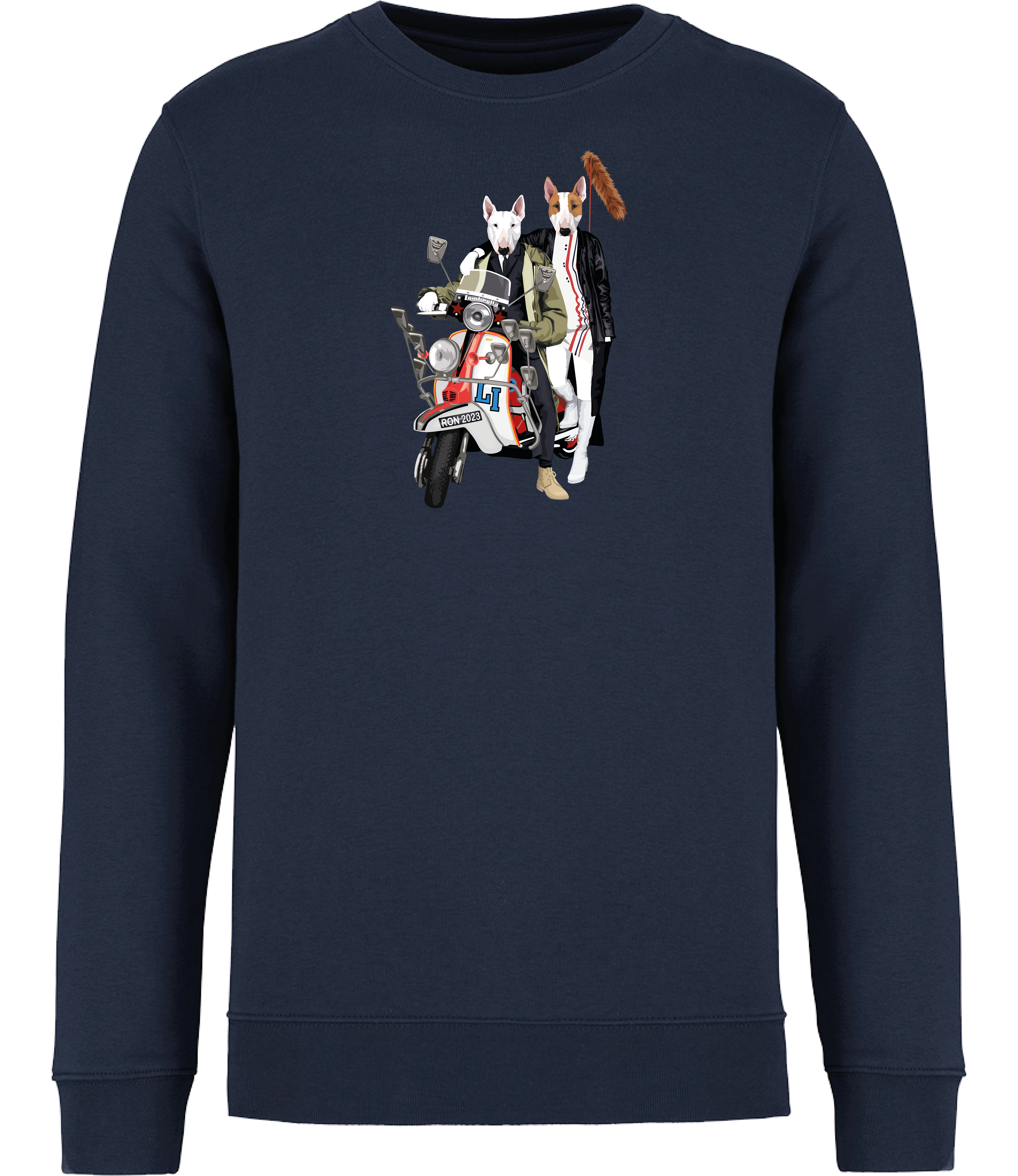 Navy Blue sweatshirt printed with 2 English bull terrier dogs wearing trendy clothes riding a red and white scooter with fox tail on the back