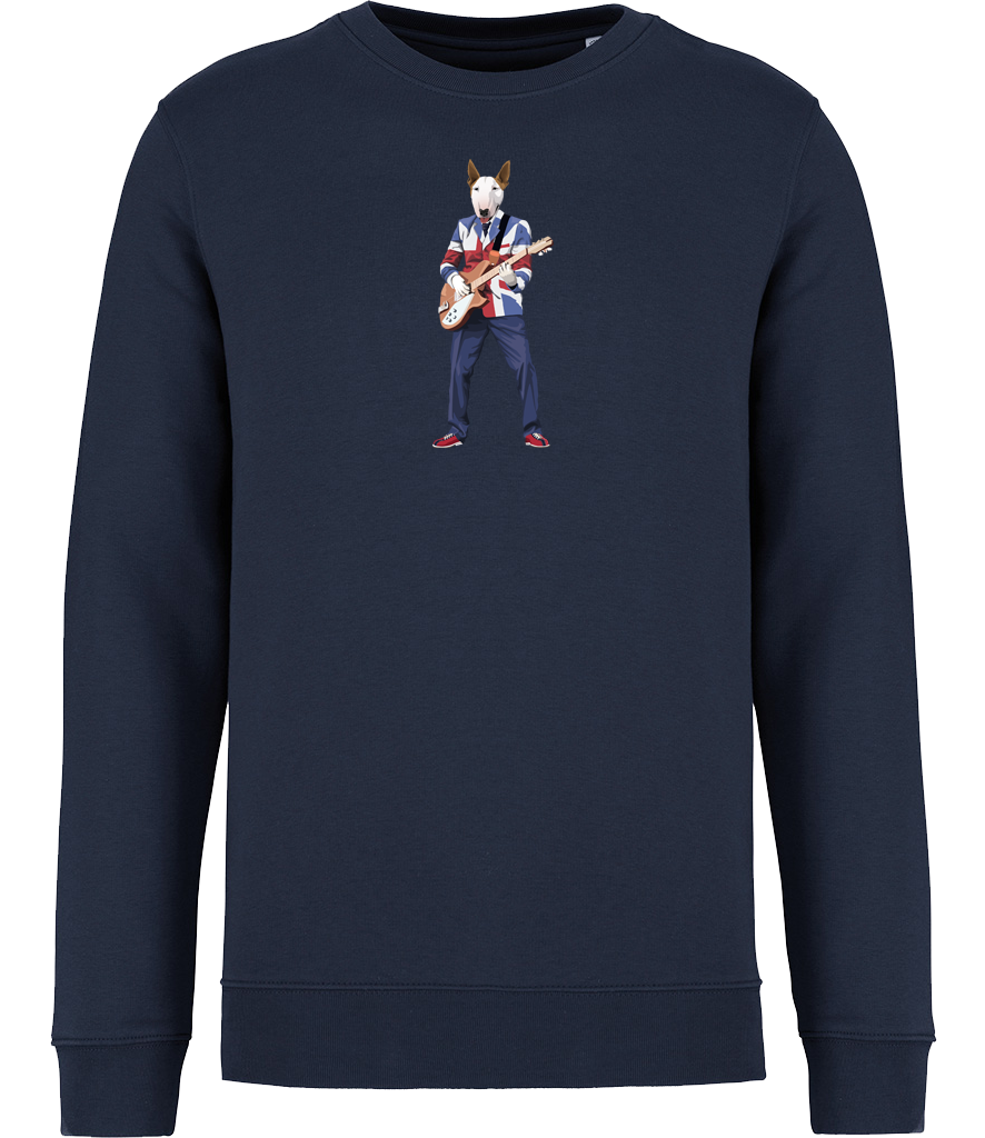 Navy Blue Sweatshirt printed with an English Bull Terrier Dog wearing a Union Jack jacket playing a guitar