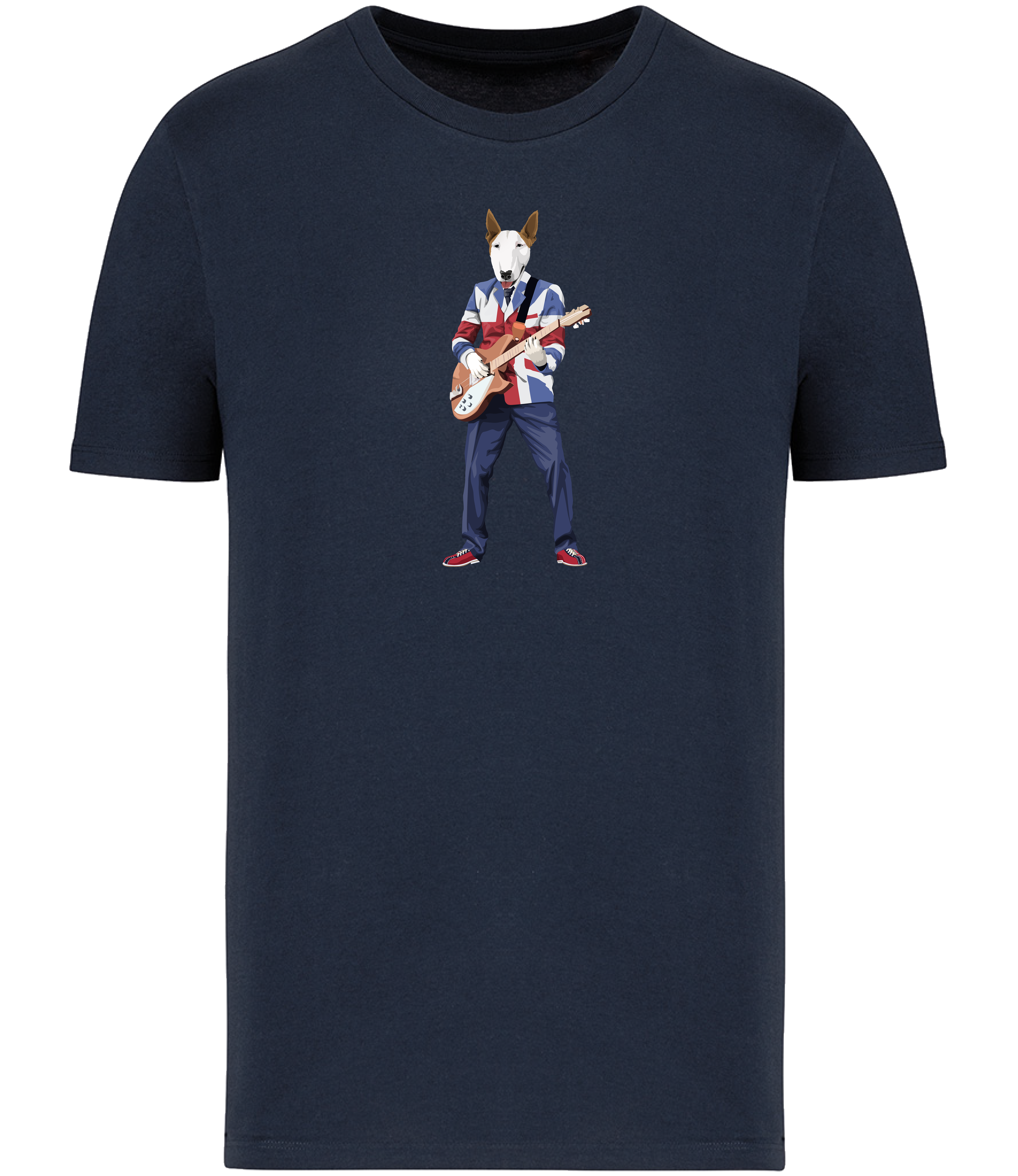 Navy Blue T-shirt printed with an English Bull Terrier Dog wearing a Union Jack jacket playing a guitar