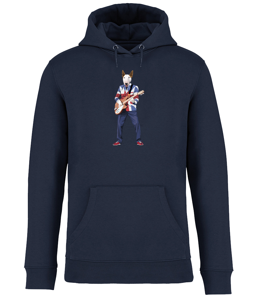 Navy Blue Hoodie printed with an English Bull Terrier Dog wearing a Union Jack jacket playing a guitar