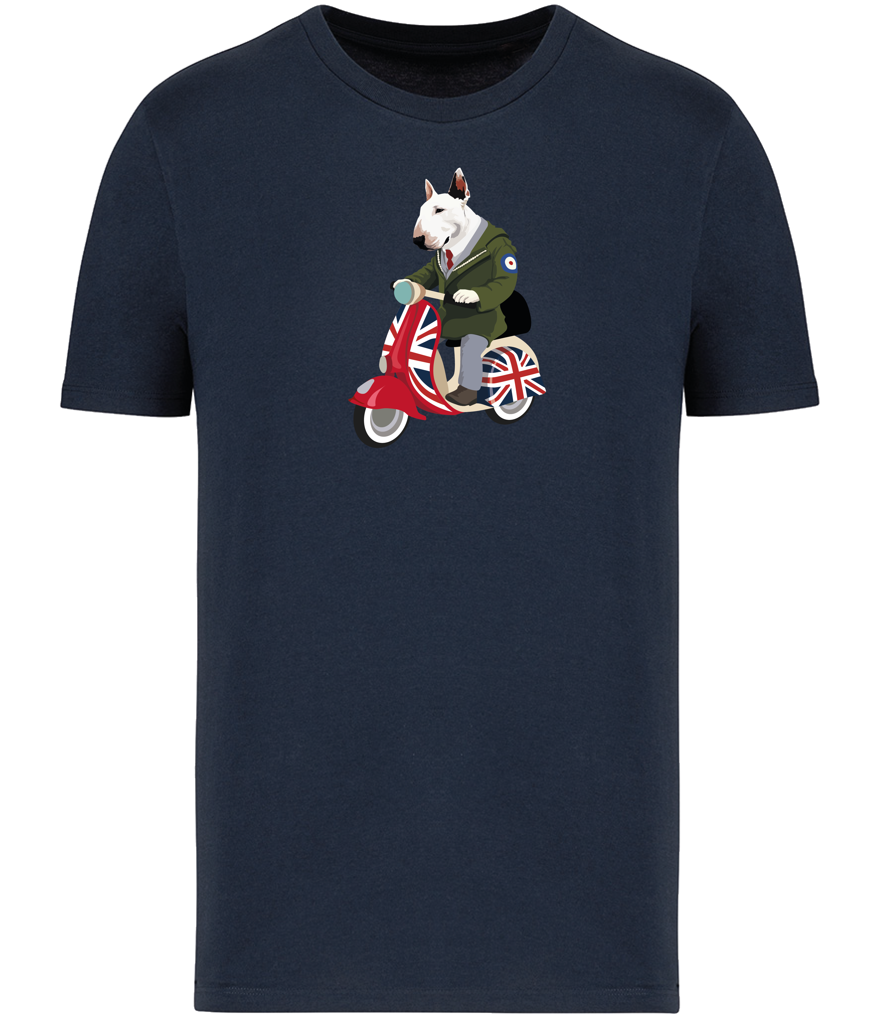 Ronnies Casuals Navy T-shirt printed with an English Bull Terrier Dog wearing a parka coat riding a scooter painted in Union Jack colours. Large Tee in image.