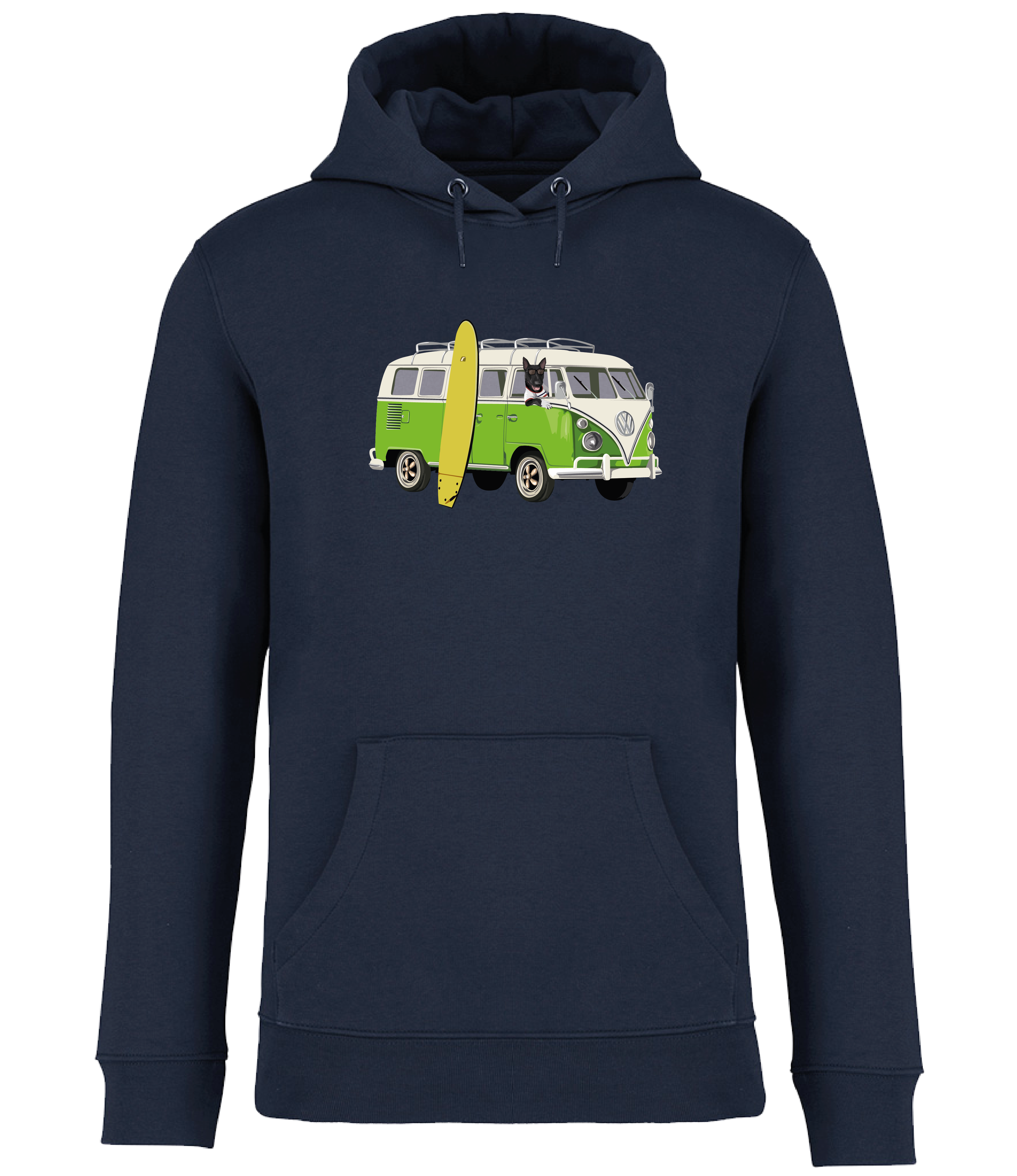 Navy Hoodie printed with and English Bull Terrier Dog in a camper van with a surf board