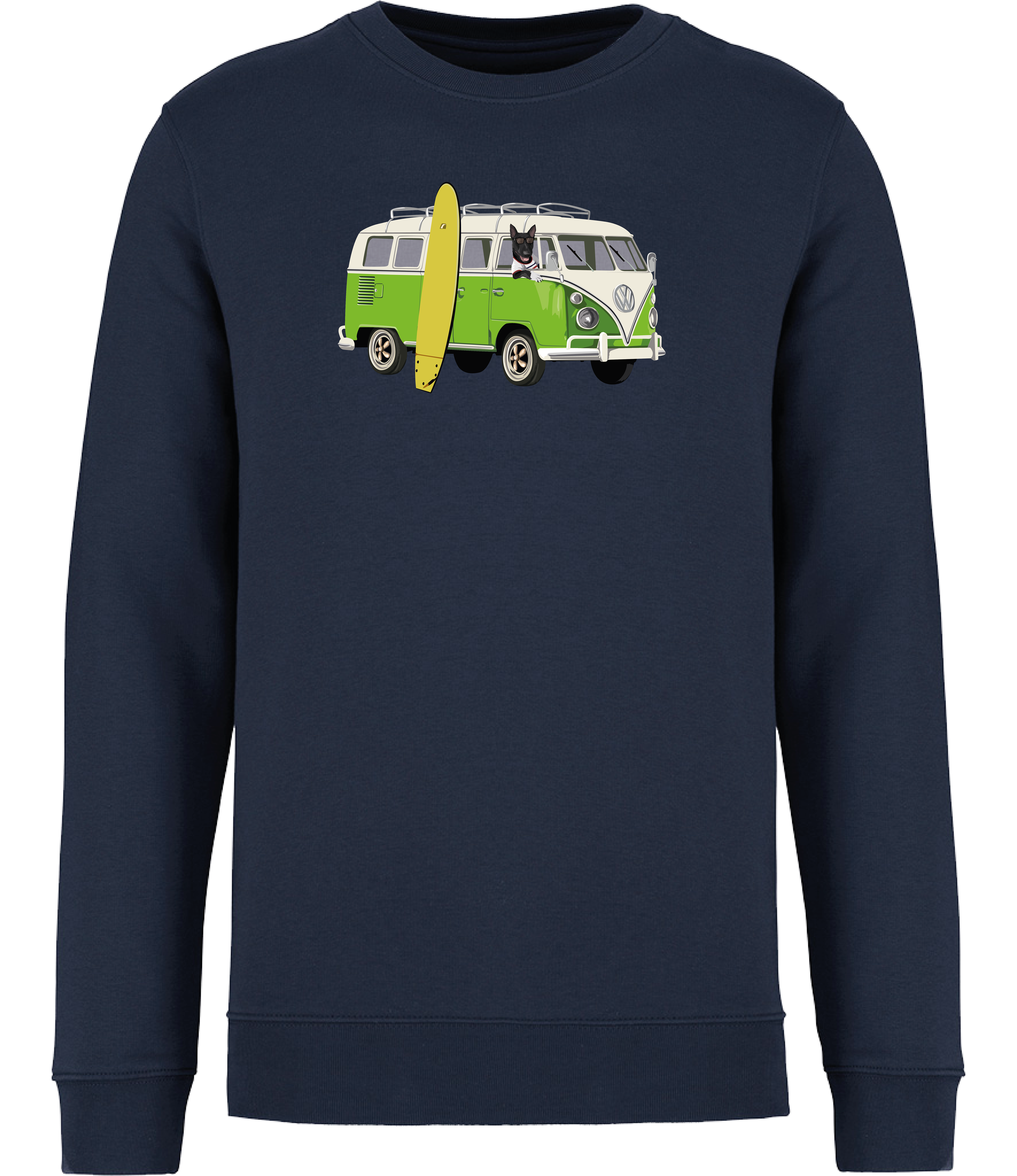 Navy Sweatshirt printed with and English Bull Terrier Dog in a camper van with a surf board