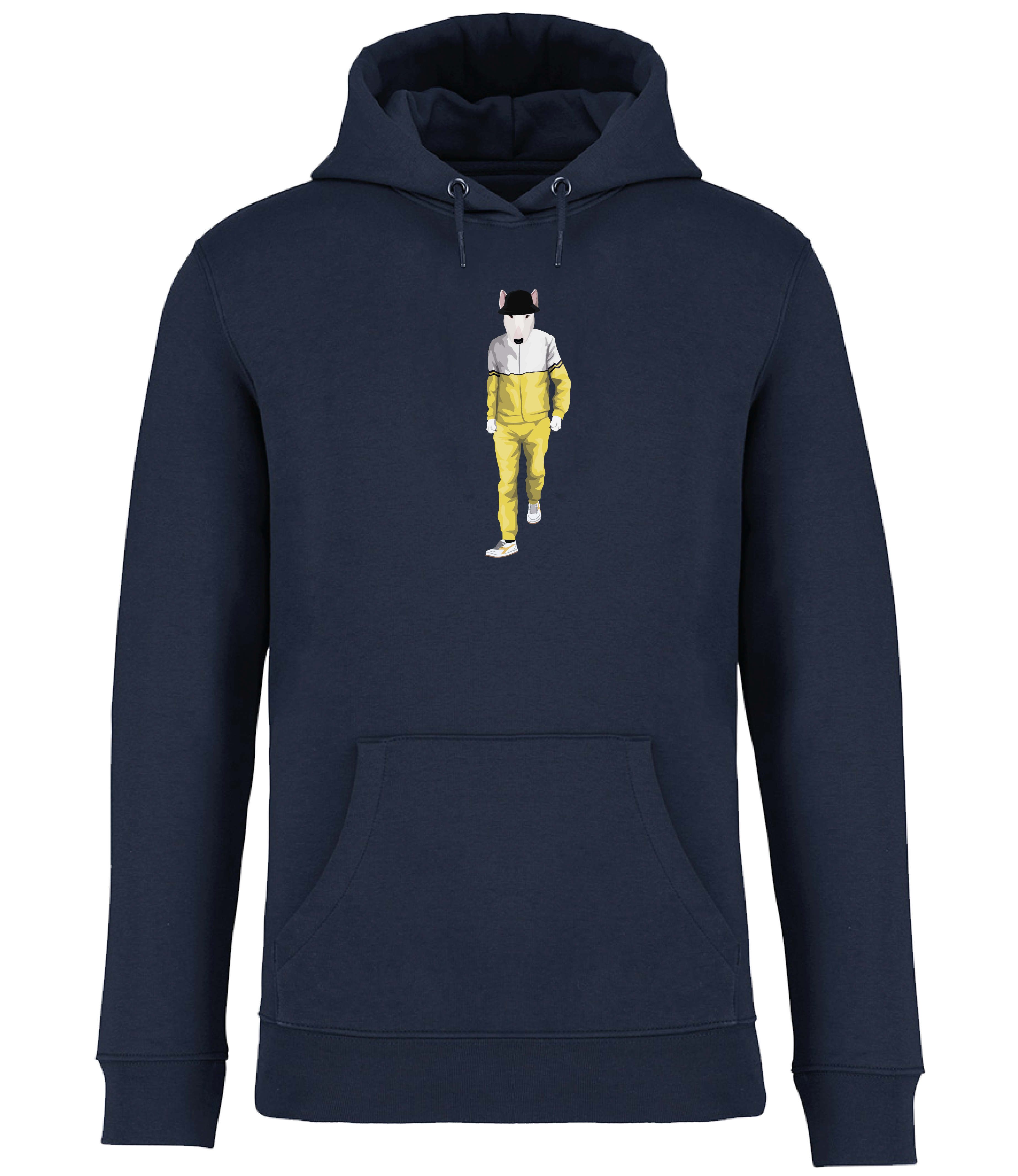 Navy Blue Hoodie printed with an English Bull terrier Dog wearing a yellow and white tracksuit, trainers and a black bucket hat