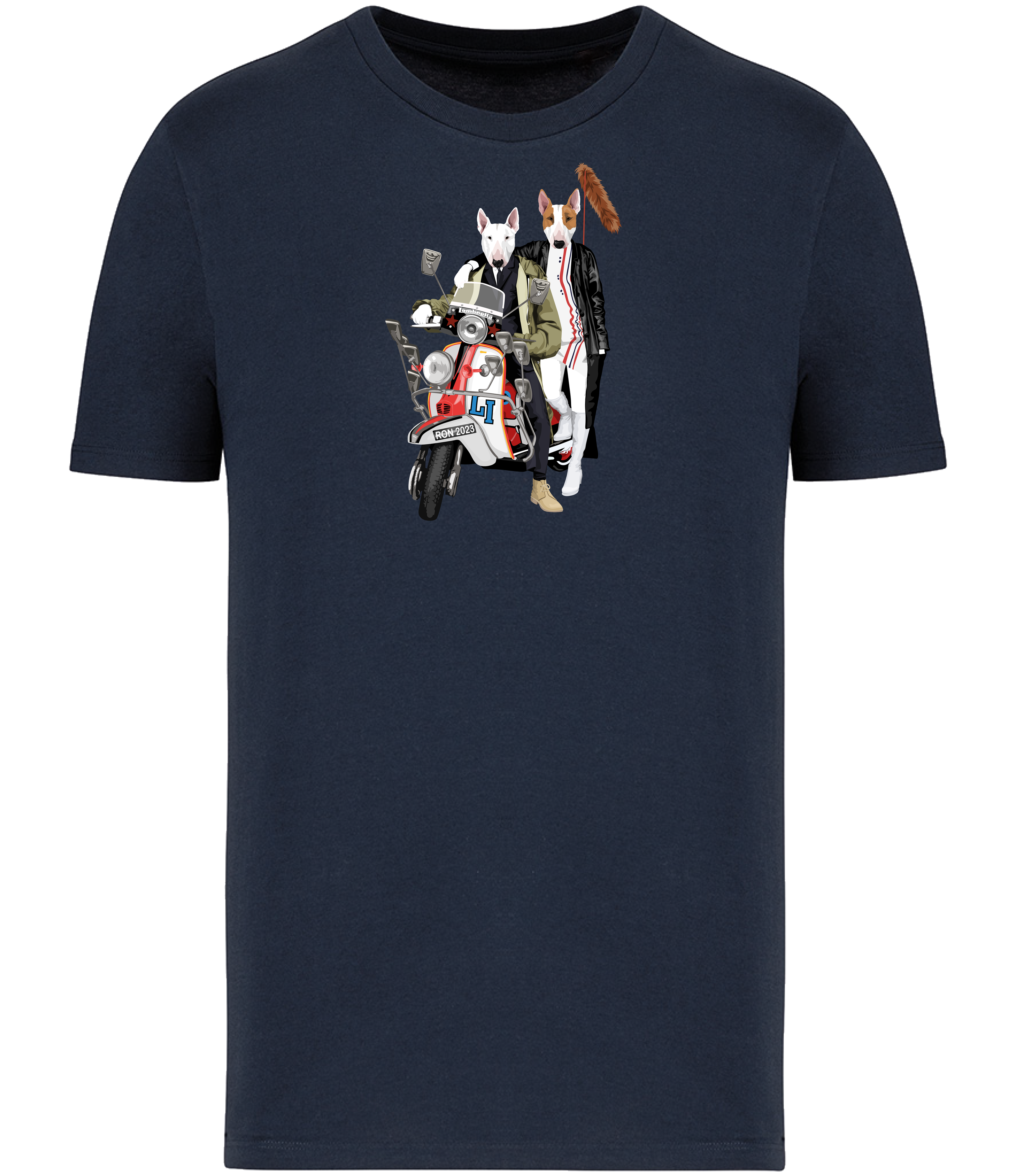 Navy Blue T-shirt printed with a Boy and Girl English Bull Terrier Dogs Sitting on a classic Scooter with a foxtail on the back