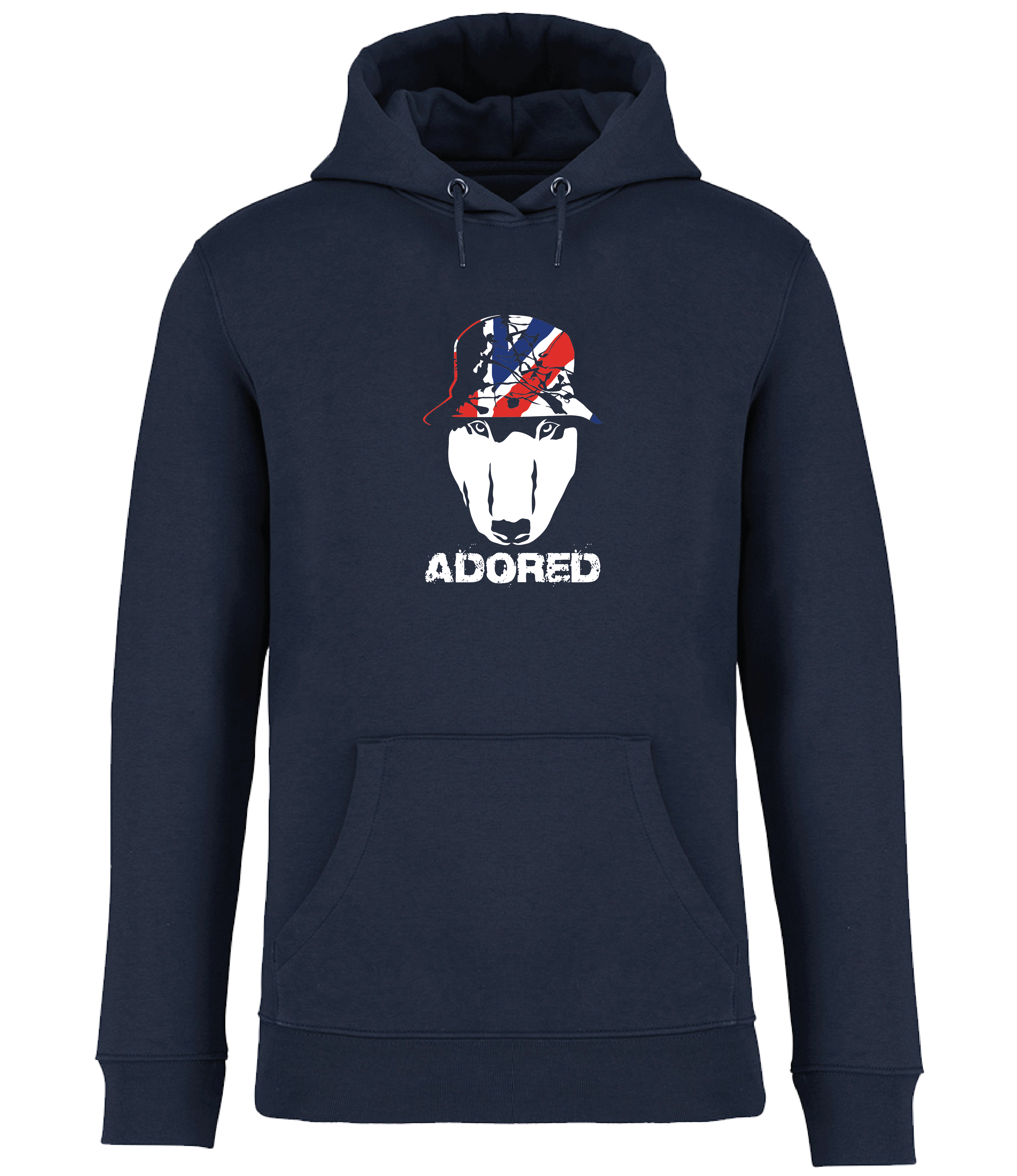 Navy Blue Hoodie printed by Ronnies Casuals with English Bull Terrier head wearing a union jack bucket hat and the words adored underneath