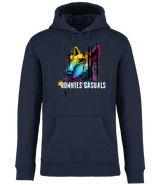 Navy colour Hoodie with an angry looking English Bull Terrier Dog Head in bright colours