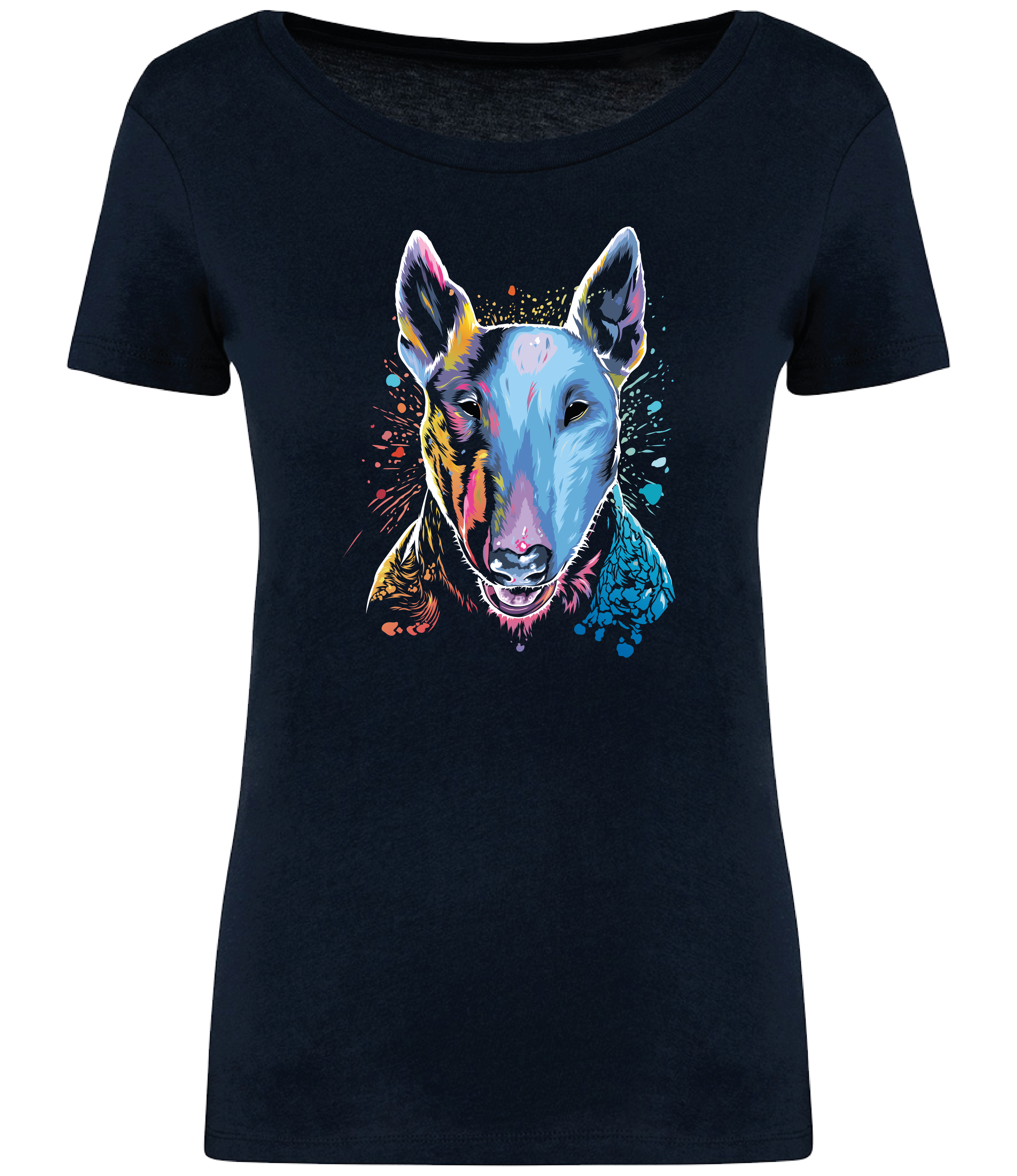 Navy Blue T-shirt printed with an English Bull Terrier Dog face in bright colours and paint splashes 