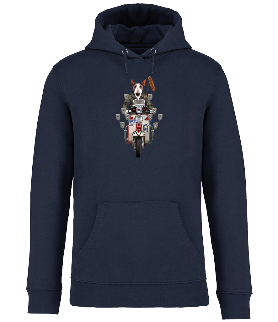 Ronnies Casuals Navy Blue Hoodie printed with English Bull Terrier Dog riding a Mod Scooter with lots of mirrors and a fox tail. Available in S, M, L, XL, 2XL, 3XL.