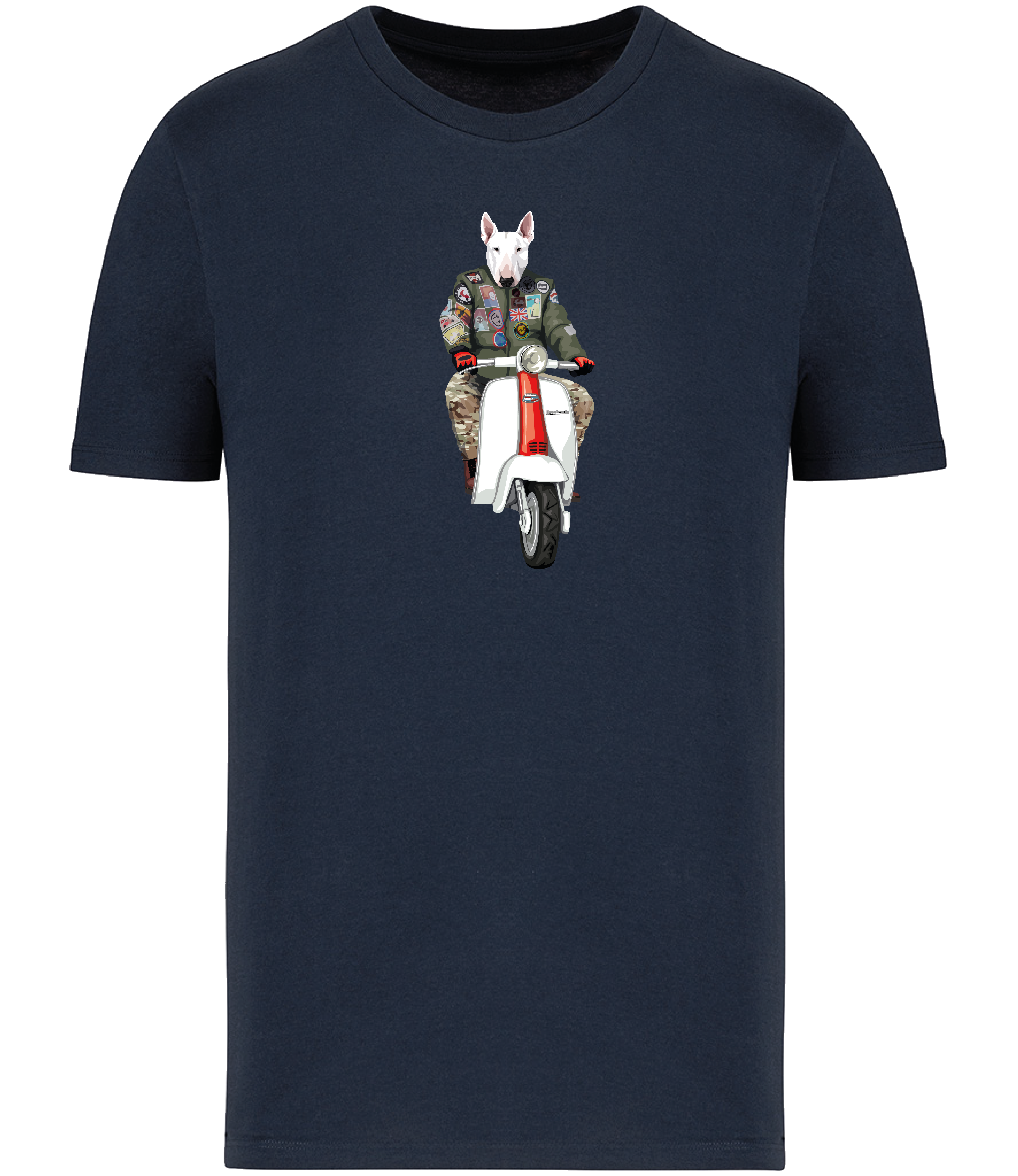 Navy Blue T-shirt printed with an English Bull Terrier Dog wearing a flight jacket riding a Scooter 