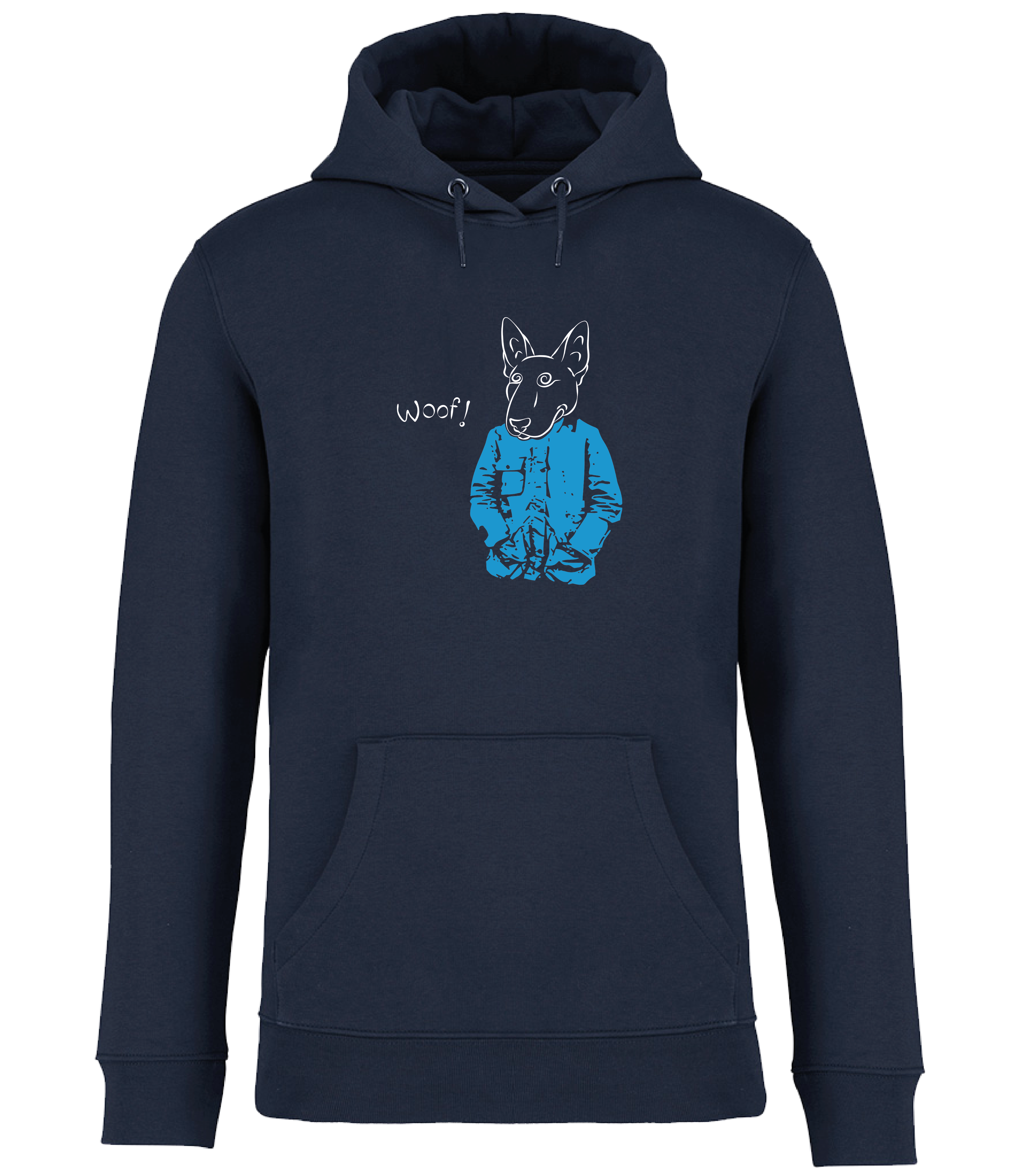 Navy Blue Hoodie from Ronnies Casuals  printed with a drawing of an English Bull Terrier Dog wearing a blue jacket and the word woof 