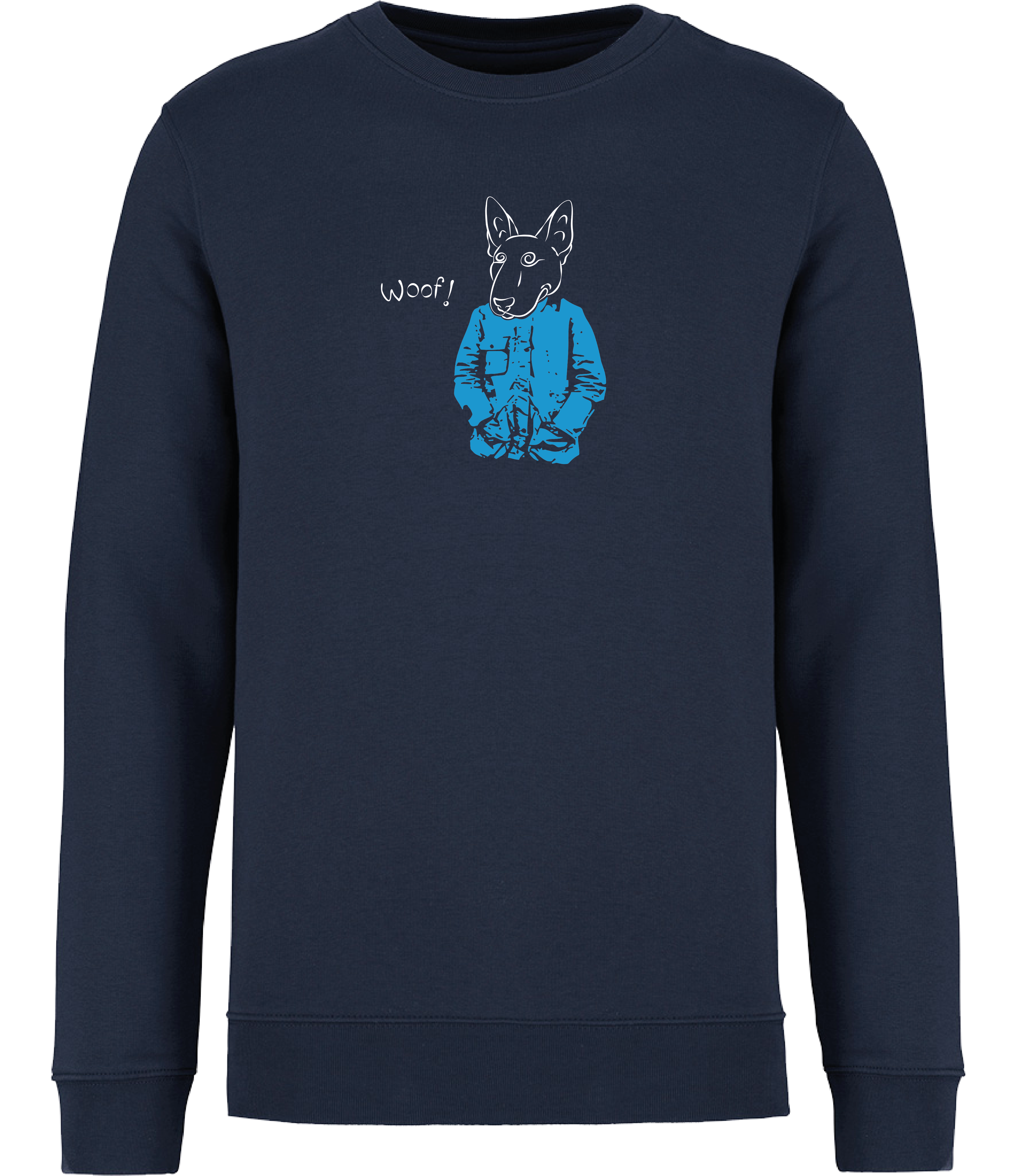 Ronnies Casuals Navy Blue Sweatshirt printed with a drawing of an English Bull Terrier Dog wearing a blue jacket and the word woof 