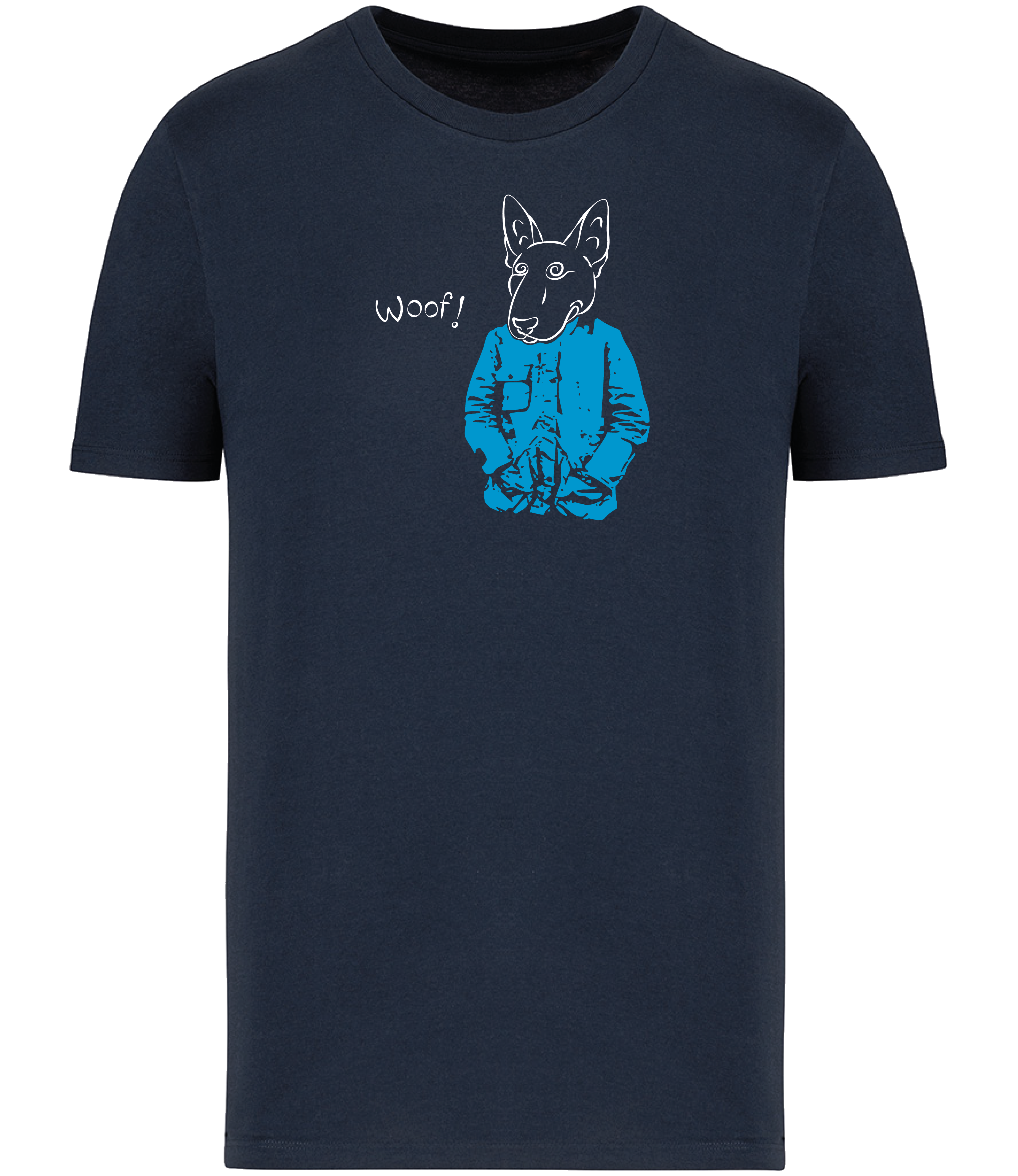 Navy Blue T-shirt printed with a drawing of an English Bull Terrier Dog wearing a blue jacket and the word woof 