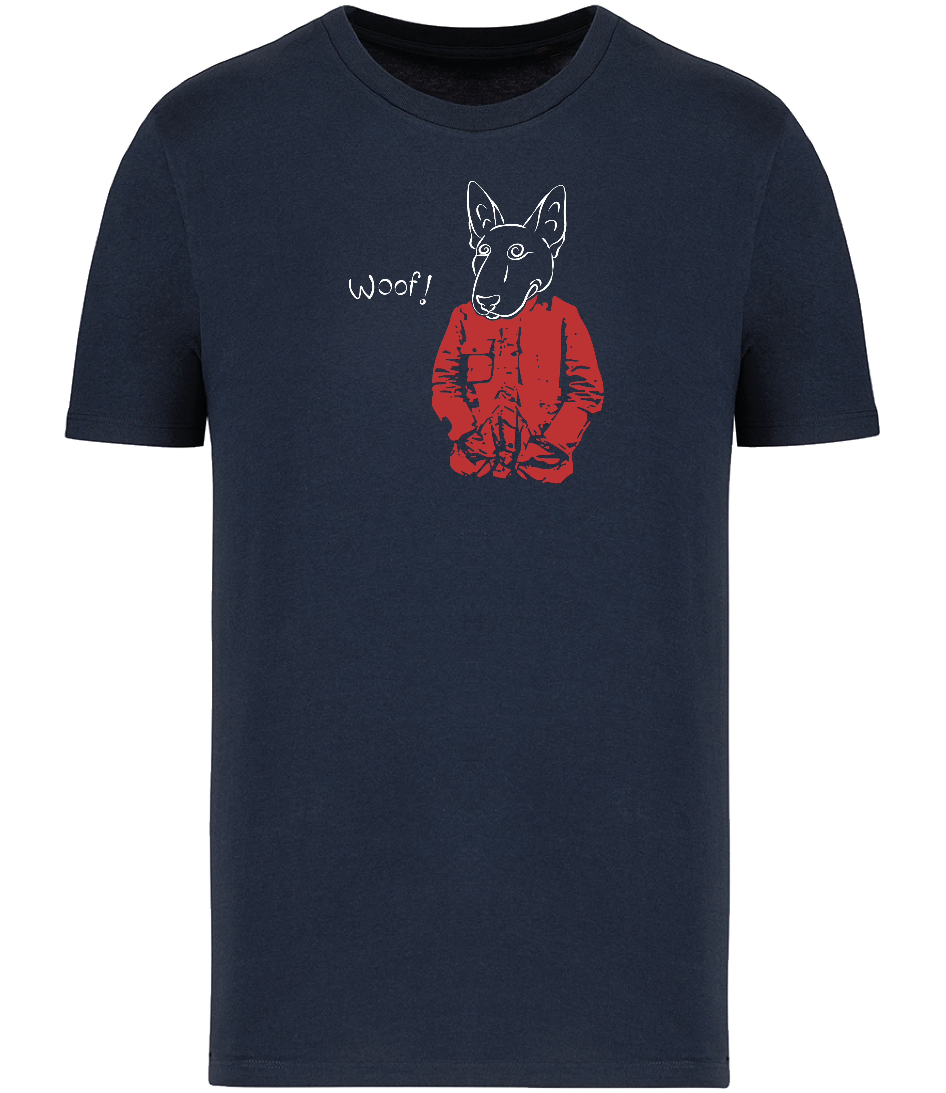 Navy Blue T-shirt printed with a drawing of an English Bull Terrier Dog wearing a Red jacket and the word woof 