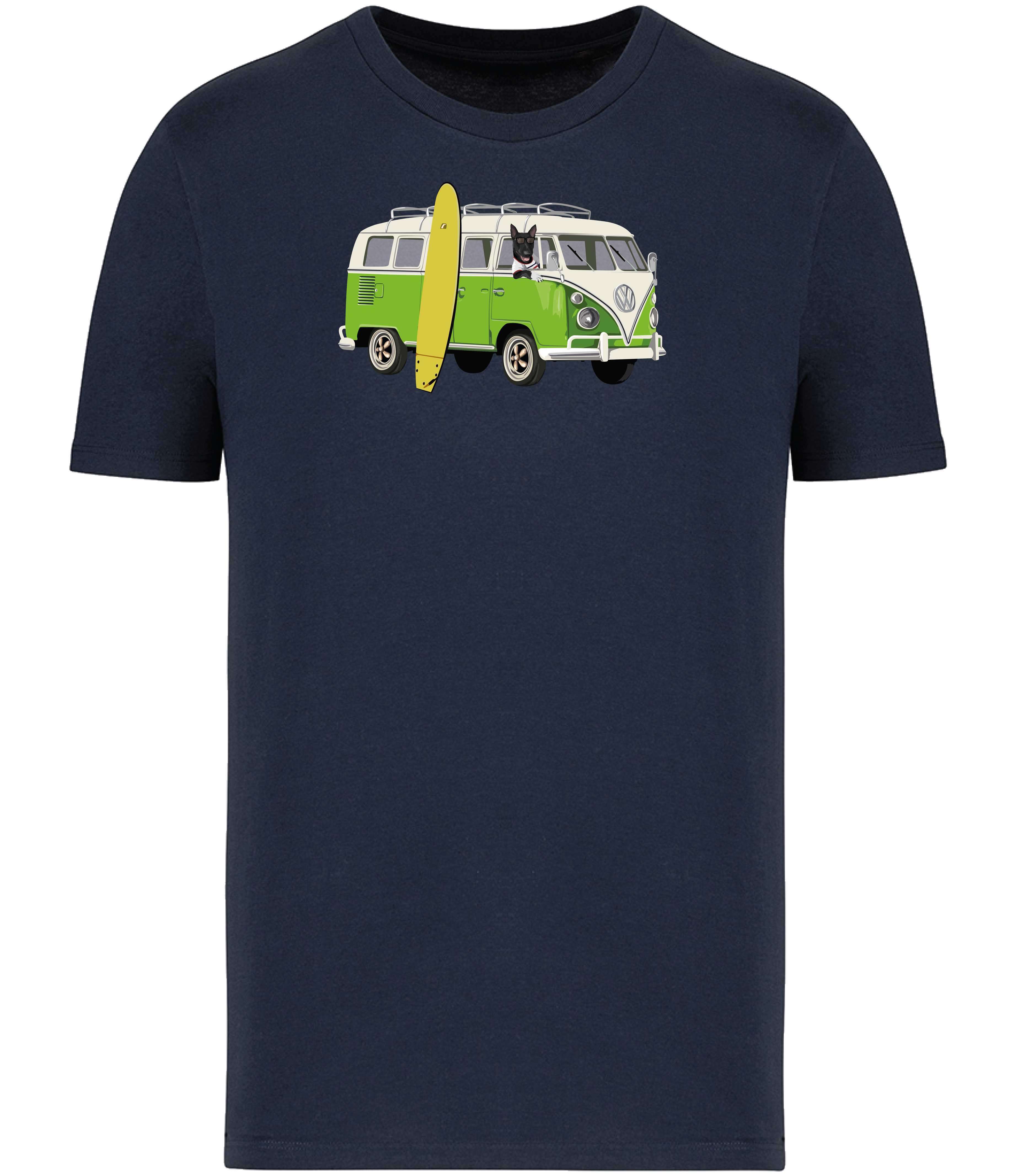 Navy T-shirt printed with and English Bull Terrier Dog in a camper van with a surf board