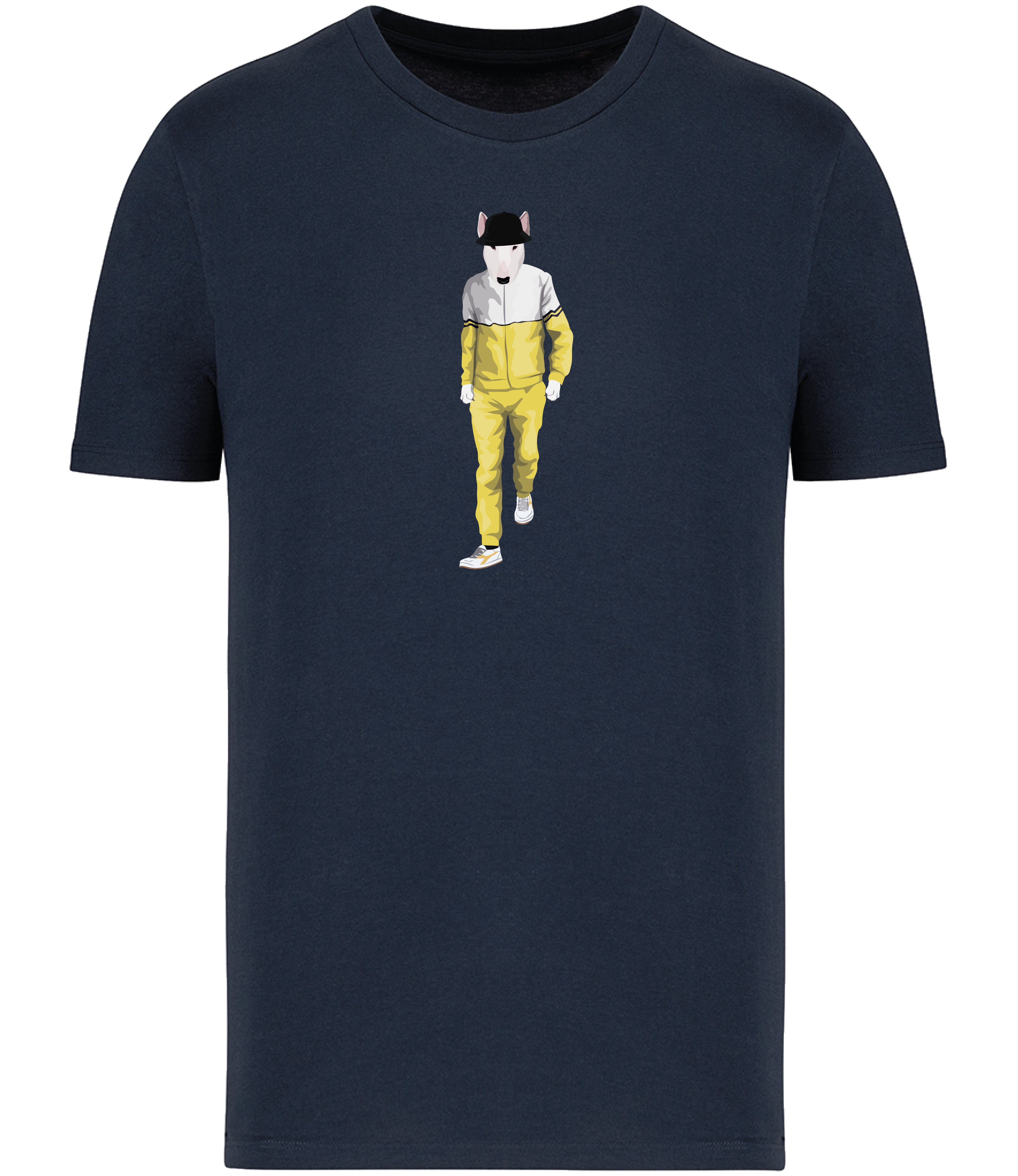 Navy Blue T-shirt printed with an English Bull terrier Dog wearing a yellow and white tracksuit, trainers and a black bucket hat