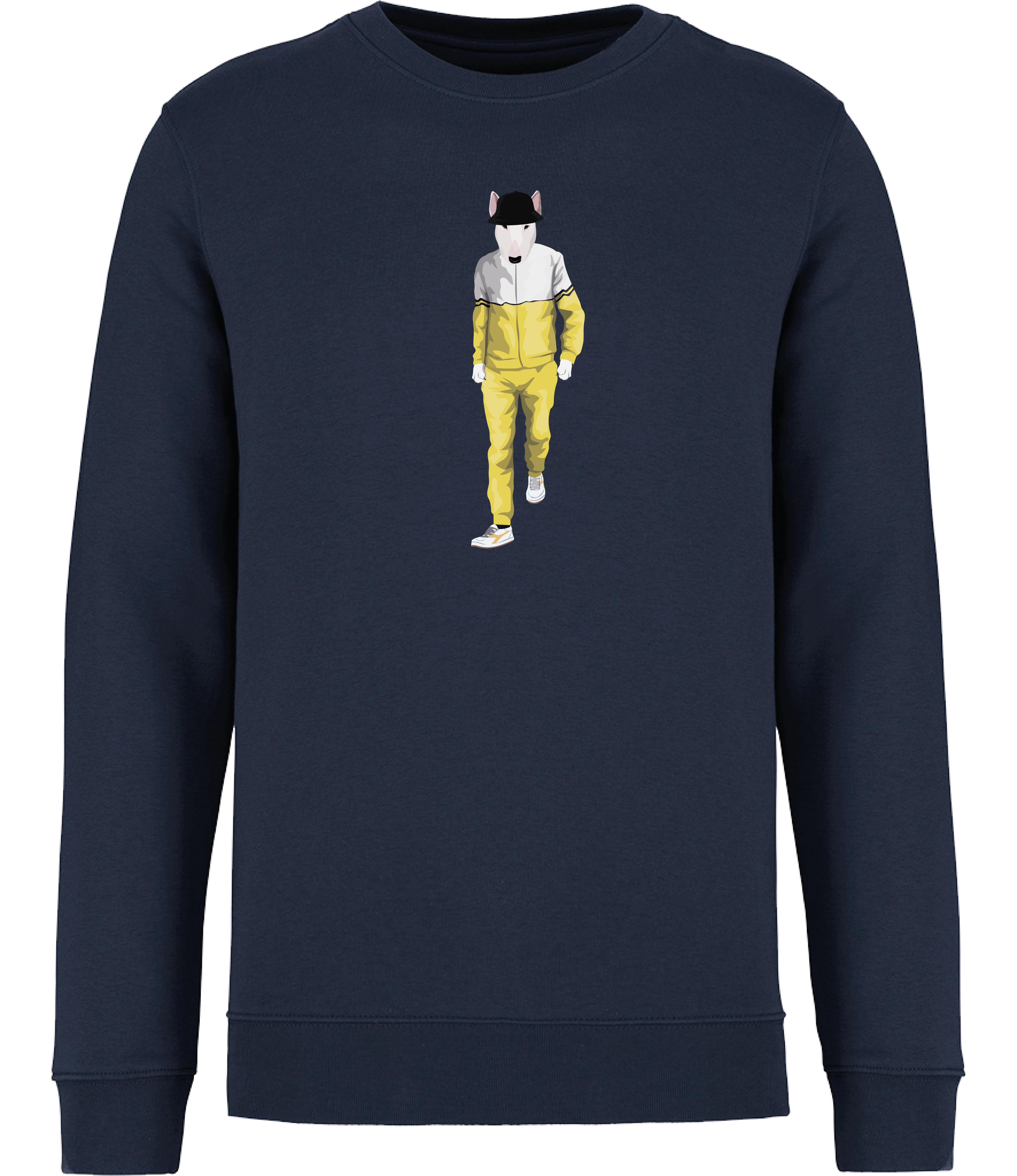 Navy Blue Sweatshirt printed with an English Bull terrier Dog wearing a yellow and white tracksuit, trainers and a black bucket hat