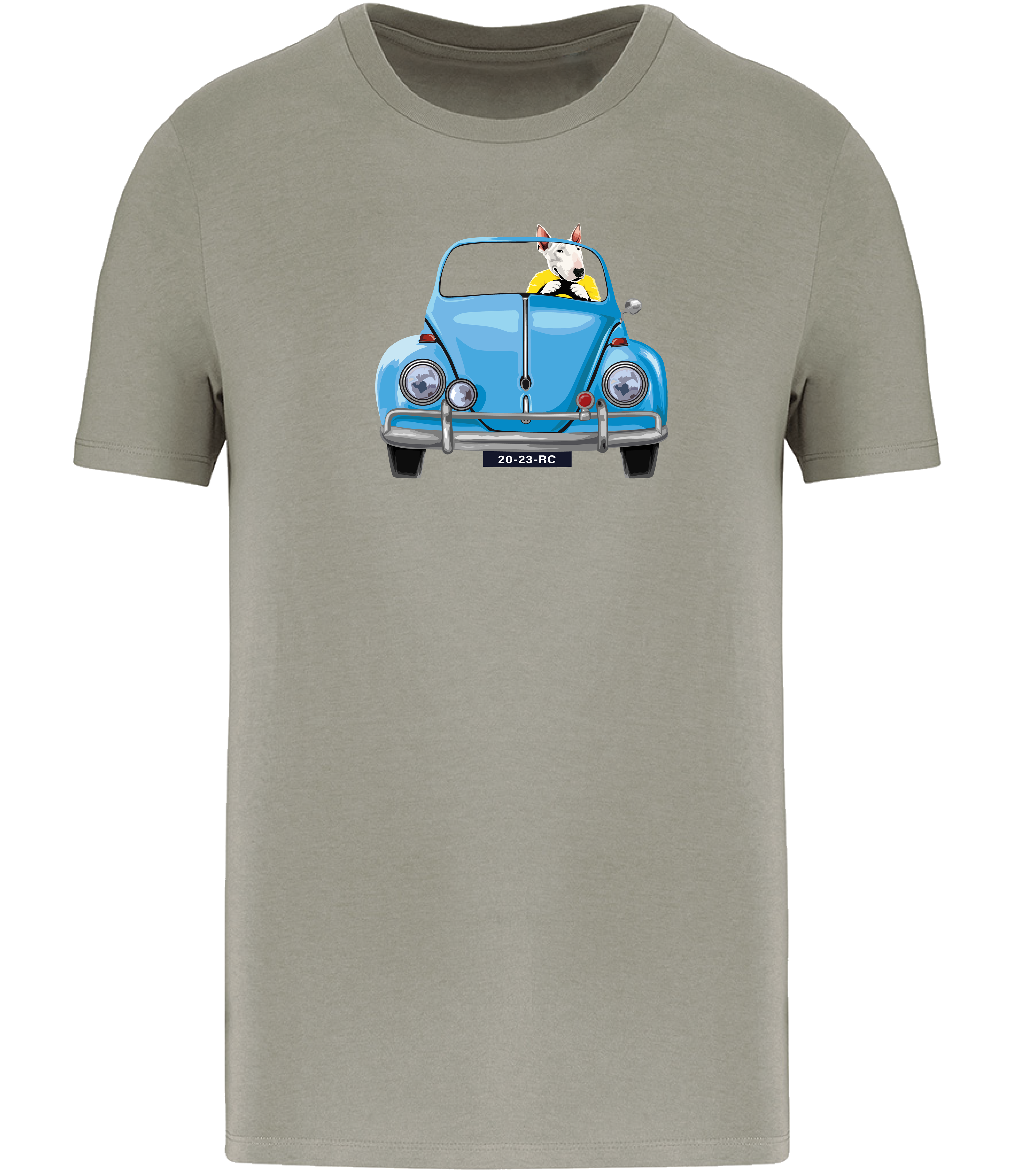 Olive Green T-shirt printed with an English Bull Terrier Dog wearing a yellow top driving a Blue Beetle Car