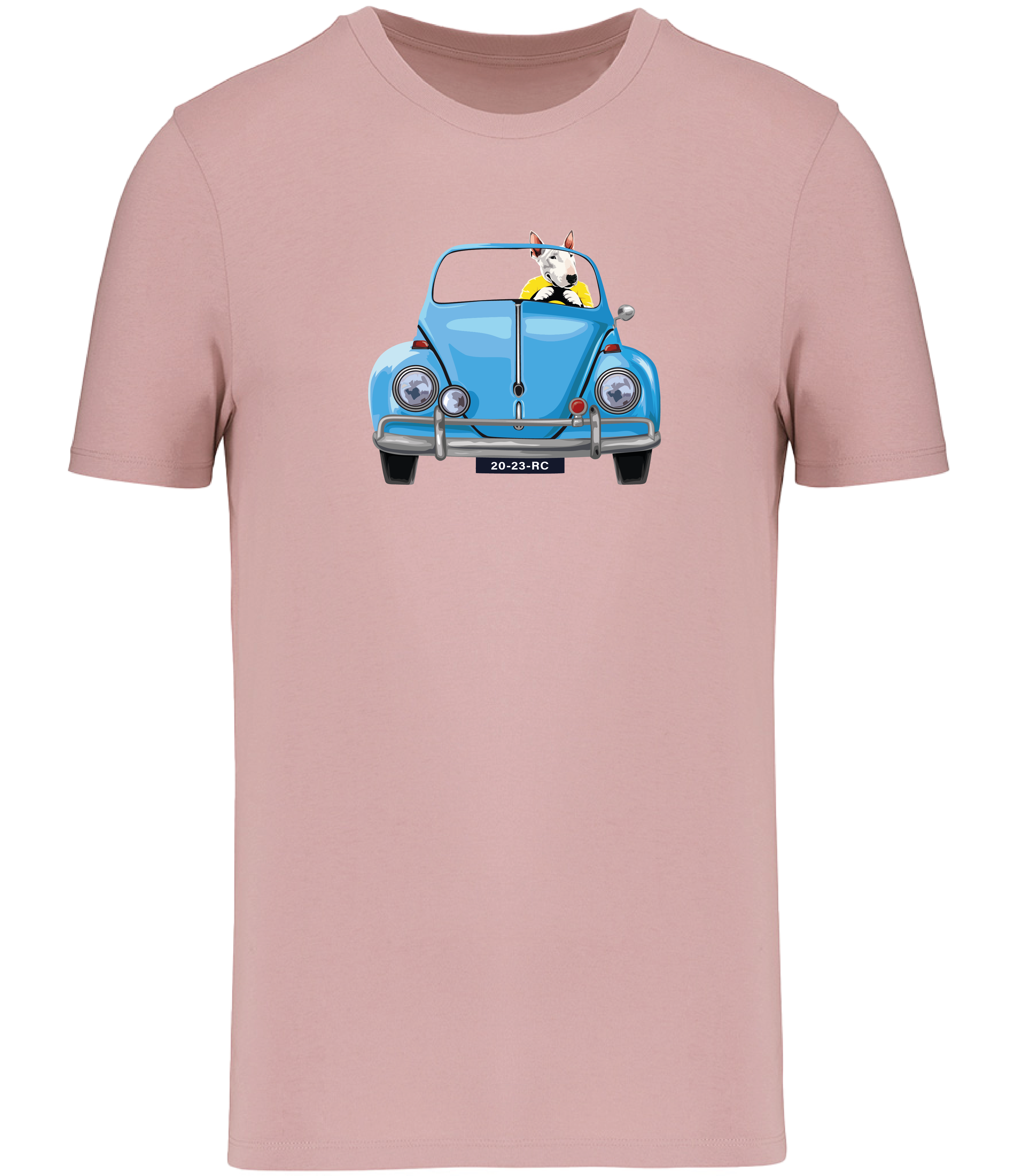 Pink T-shirt printed with an English Bull Terrier Dog wearing a yellow top driving a Blue Beetle Car