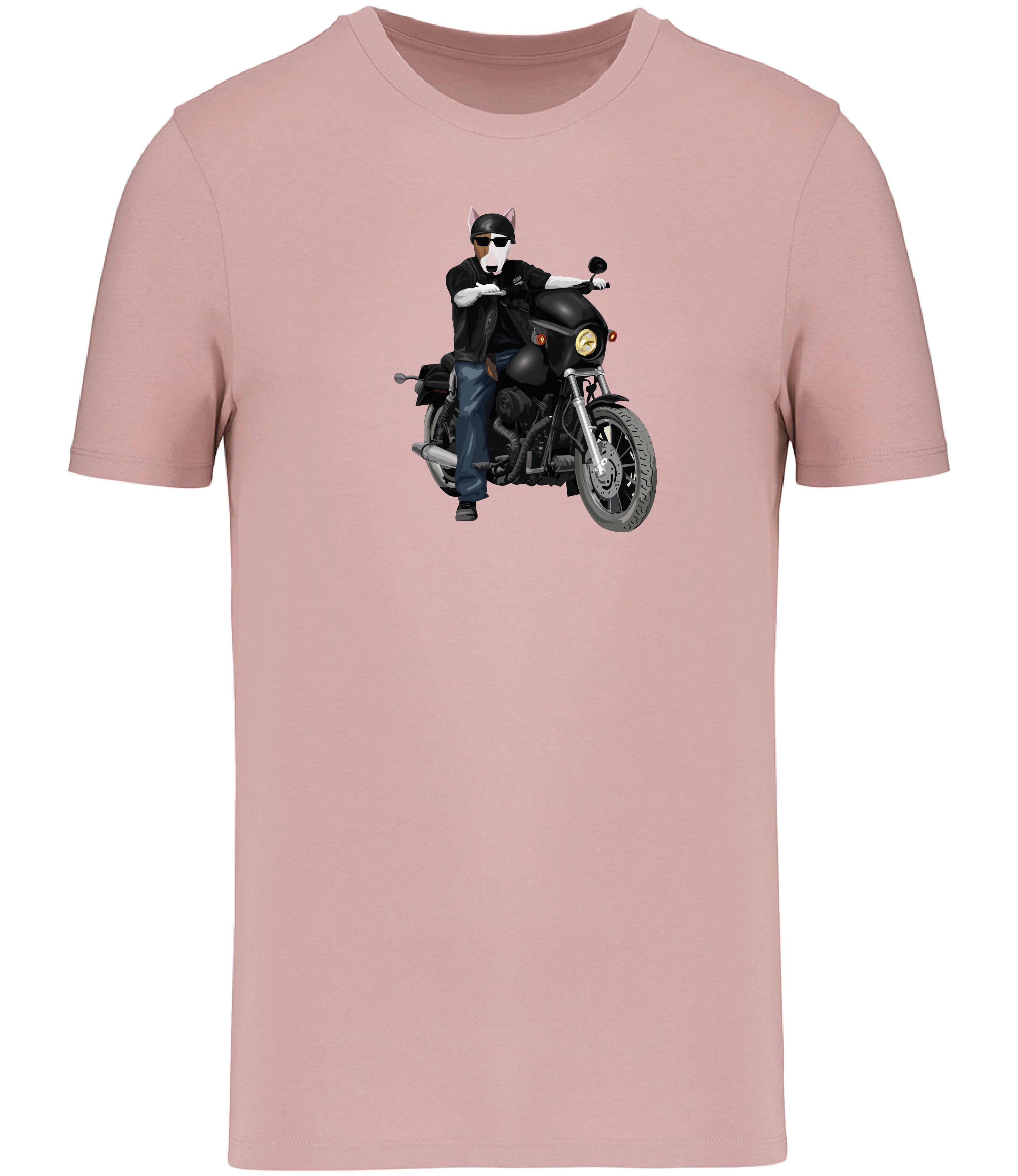 Pink T-shirt printed with an English Bull Terrier Dog riding a motorbike wearing a helmet