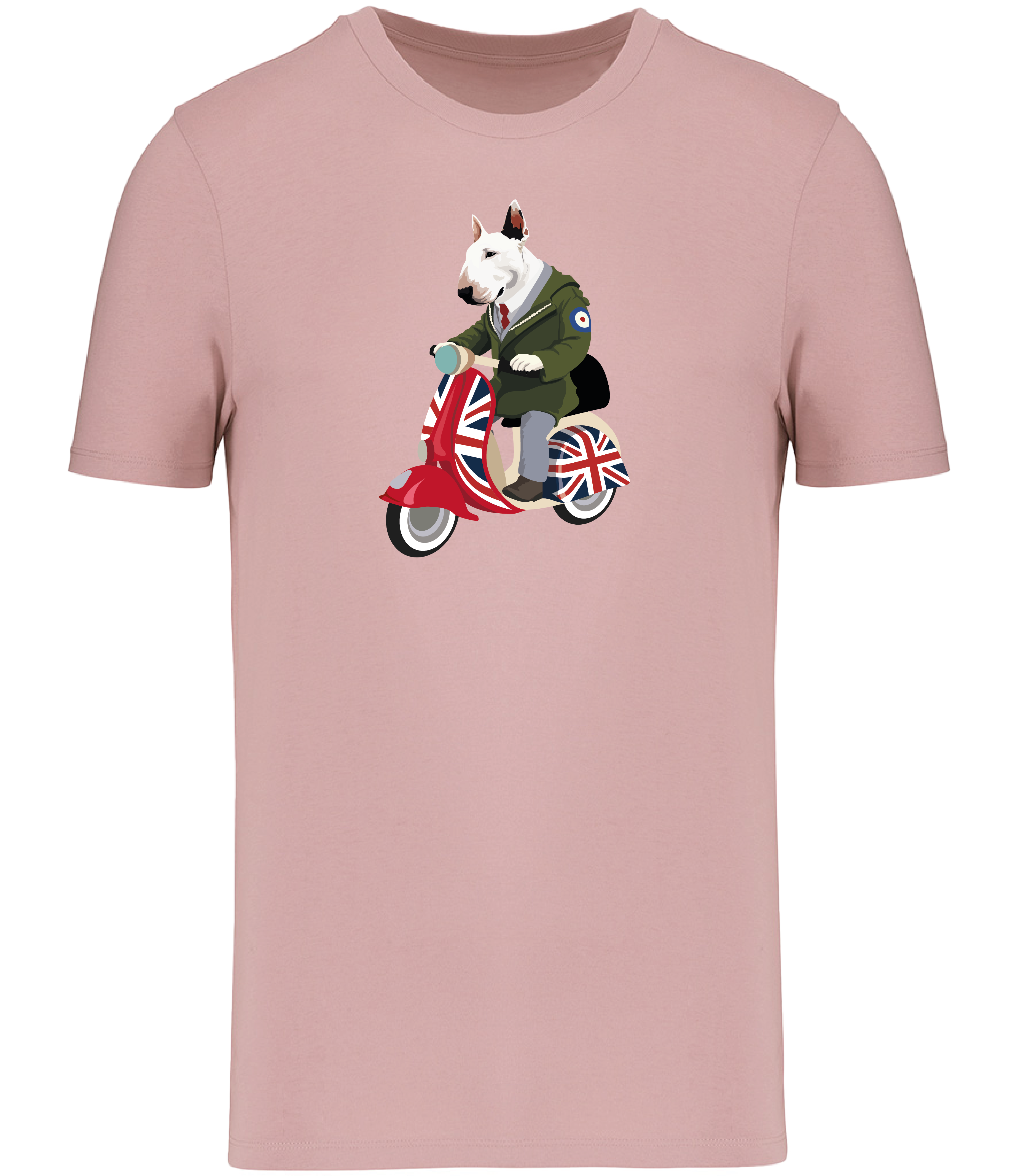 Pink T-shirt printed with and English Bull Terrier Dog wearing a parka coat riding a scooter painted in Union Jack colours