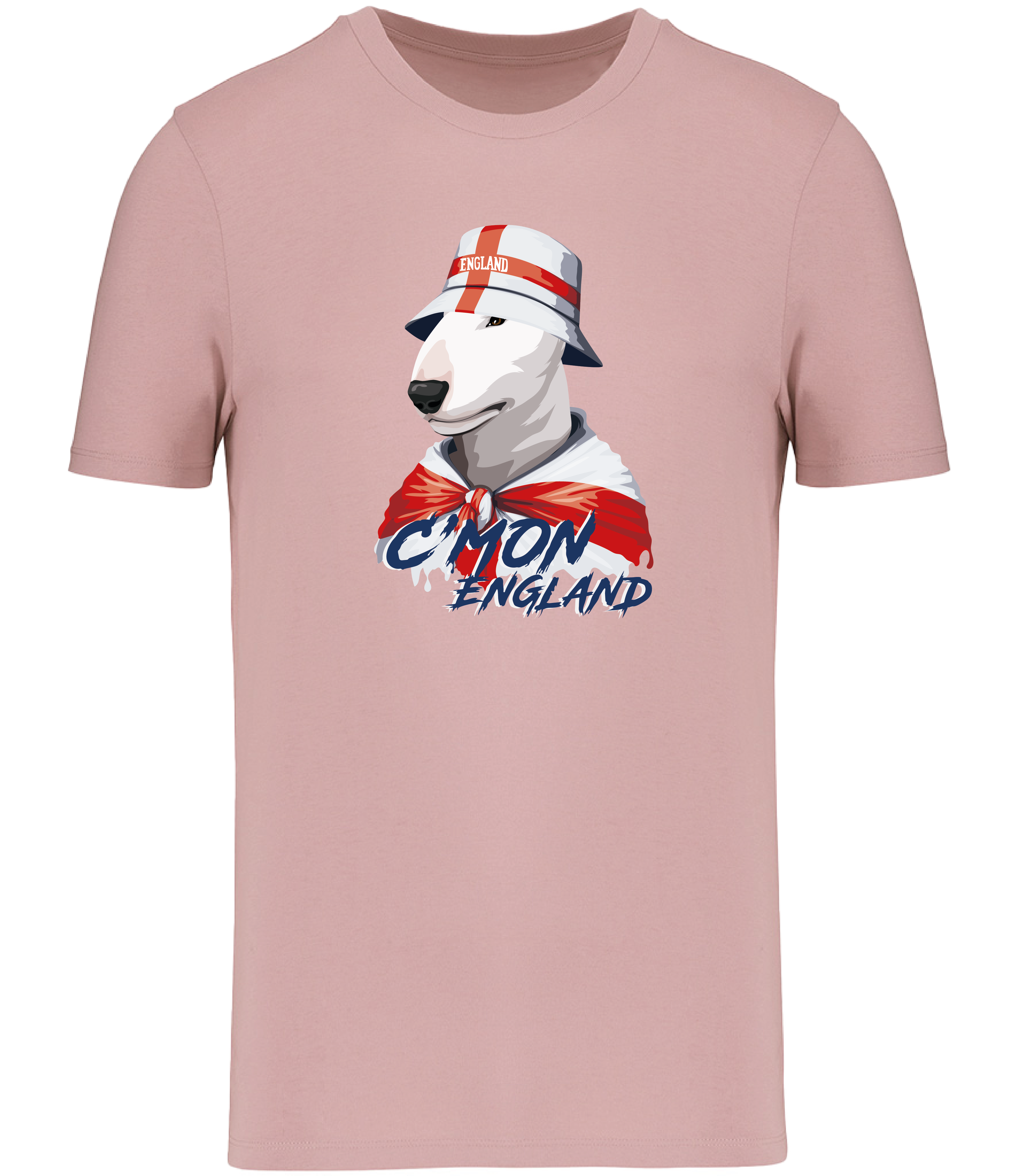Pink T-shirt printed by Ronnies Casuals with English Bull Terrier Dog wearing a St Georges flag hat and scarf.  The words C'mon England printed underneath
