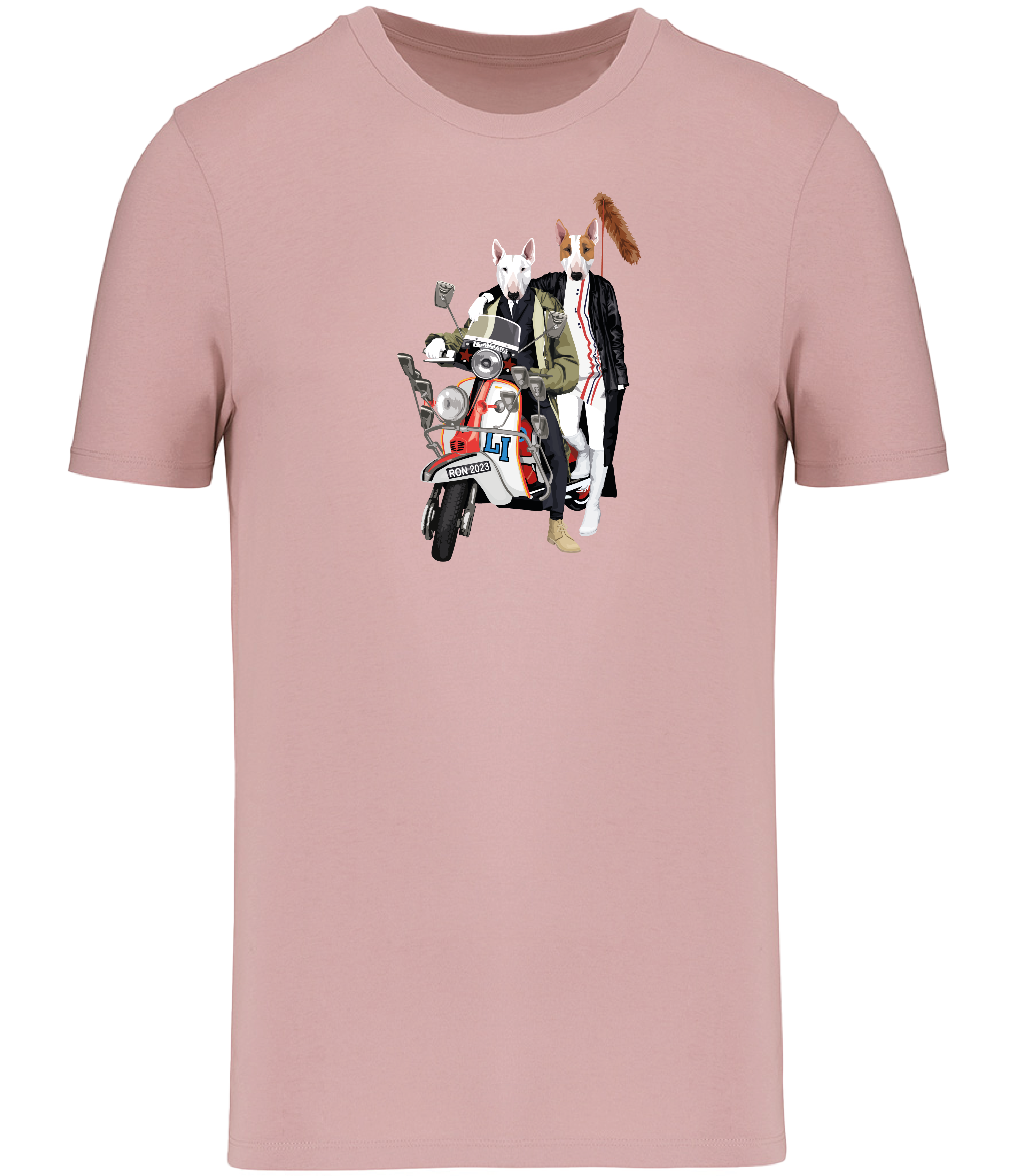 Pink T-shirt printed with a Boy and Girl English Bull Terrier Dogs Sitting on a classic Scooter with a foxtail on the back