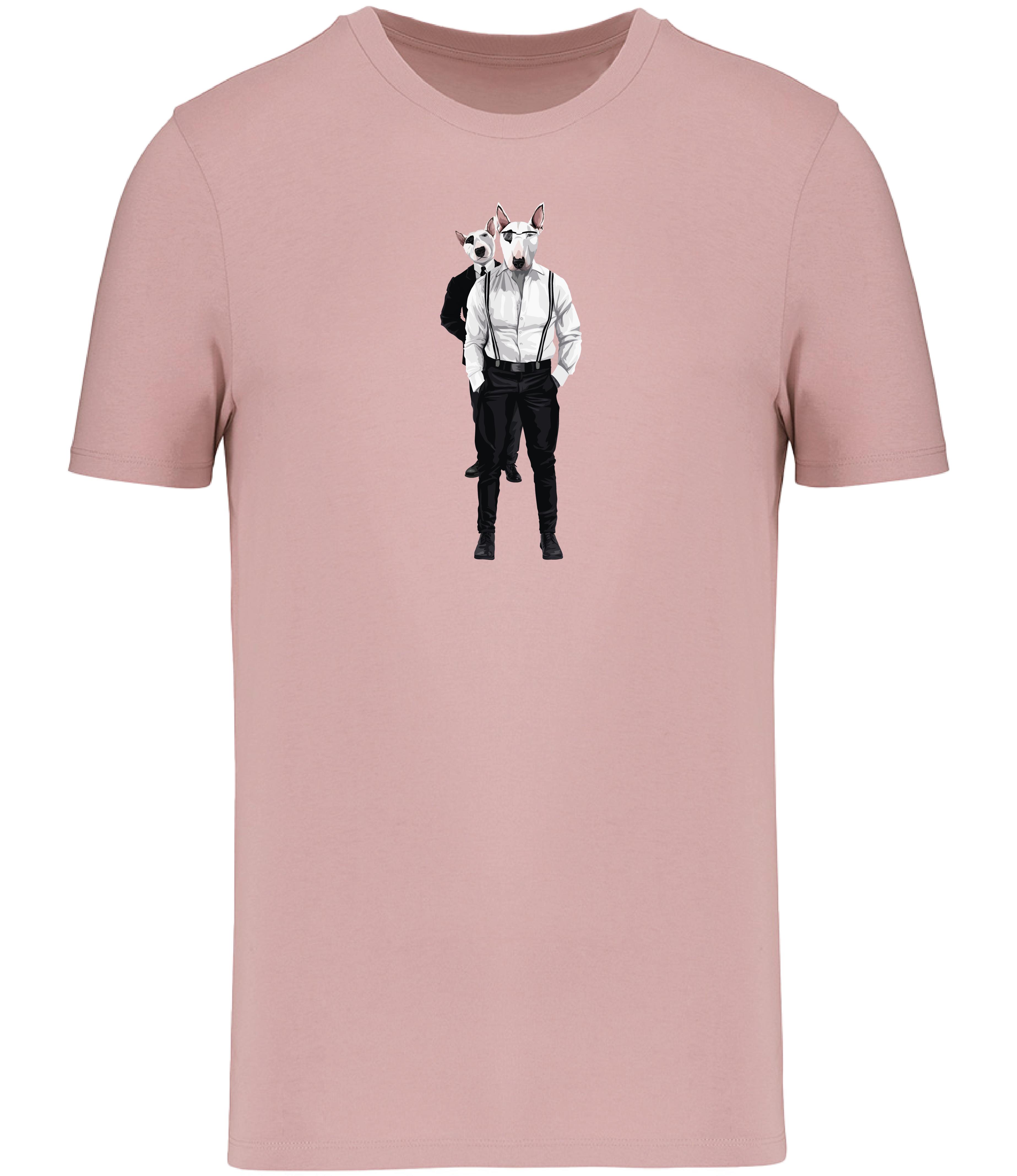 Pink T-shirt printed with 2 English Bull Terriers wearing suits and braces. One wearing glasses and the other one is looking over his shoulder.