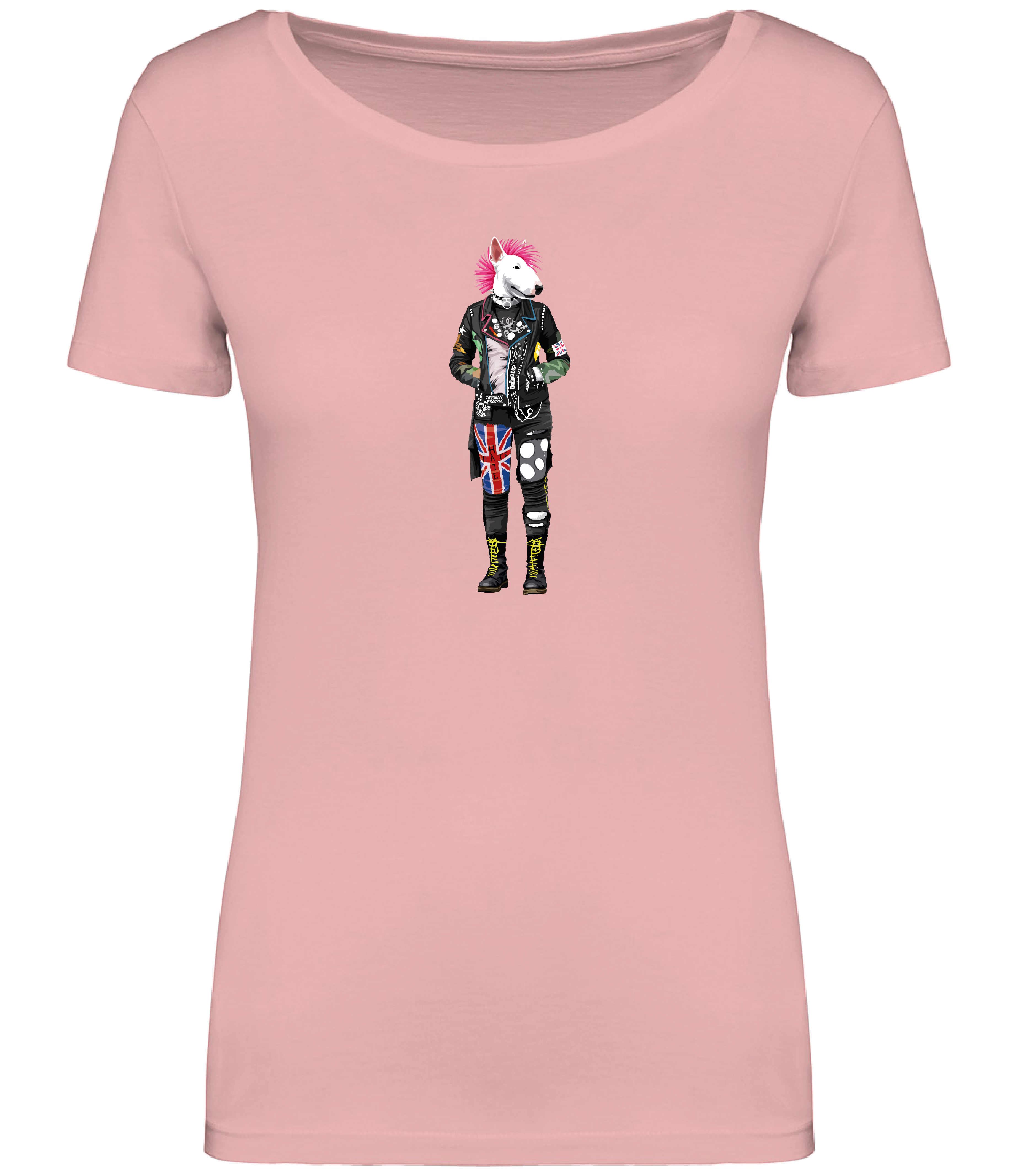 Pink Rose T-shirt printed with an English Bull Terrier Dog dressed in punk style clothing and a pink mohawk