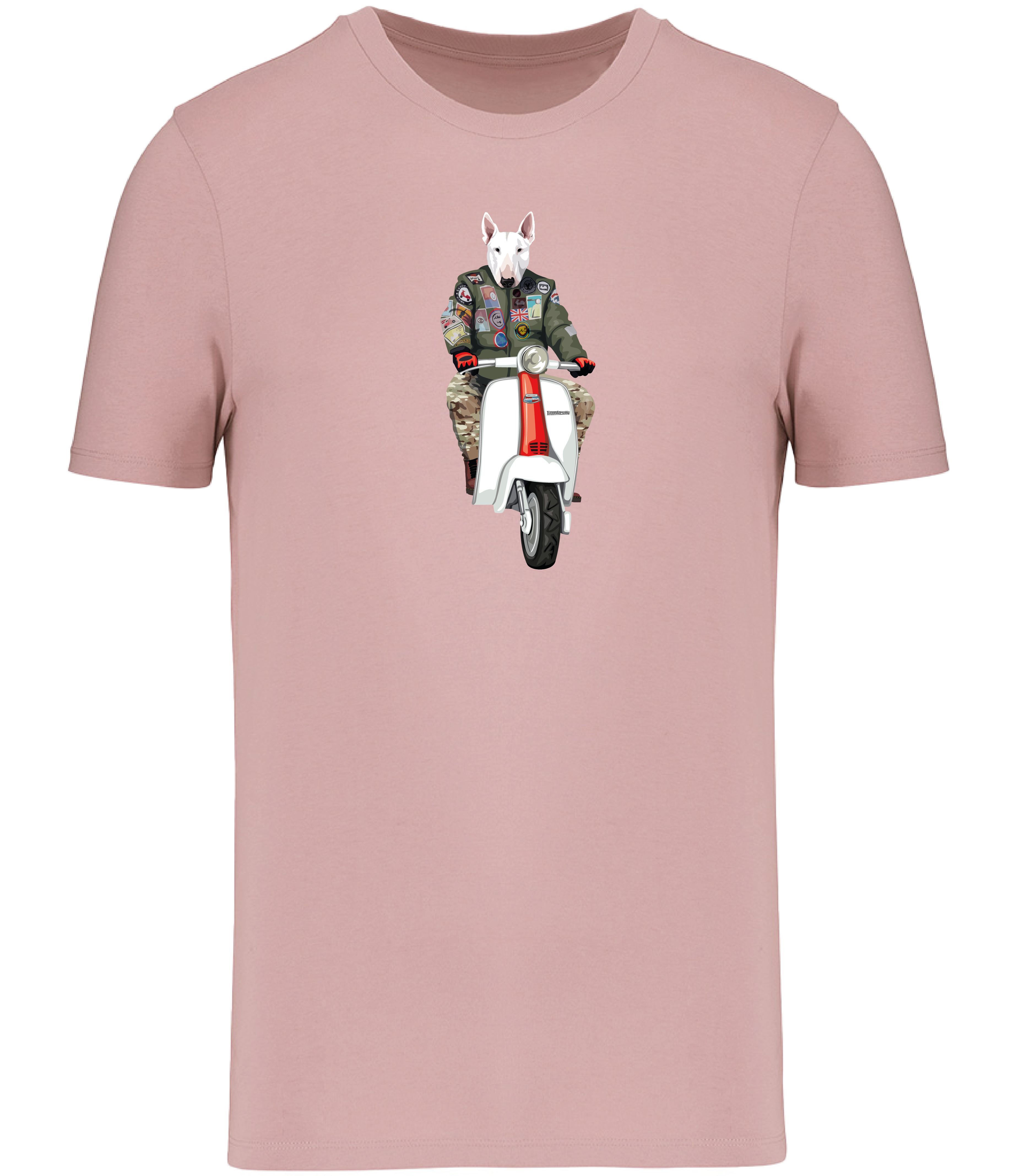 Pink T-shirt printed with an English Bull Terrier Dog wearing a flight jacket riding a Scooter 