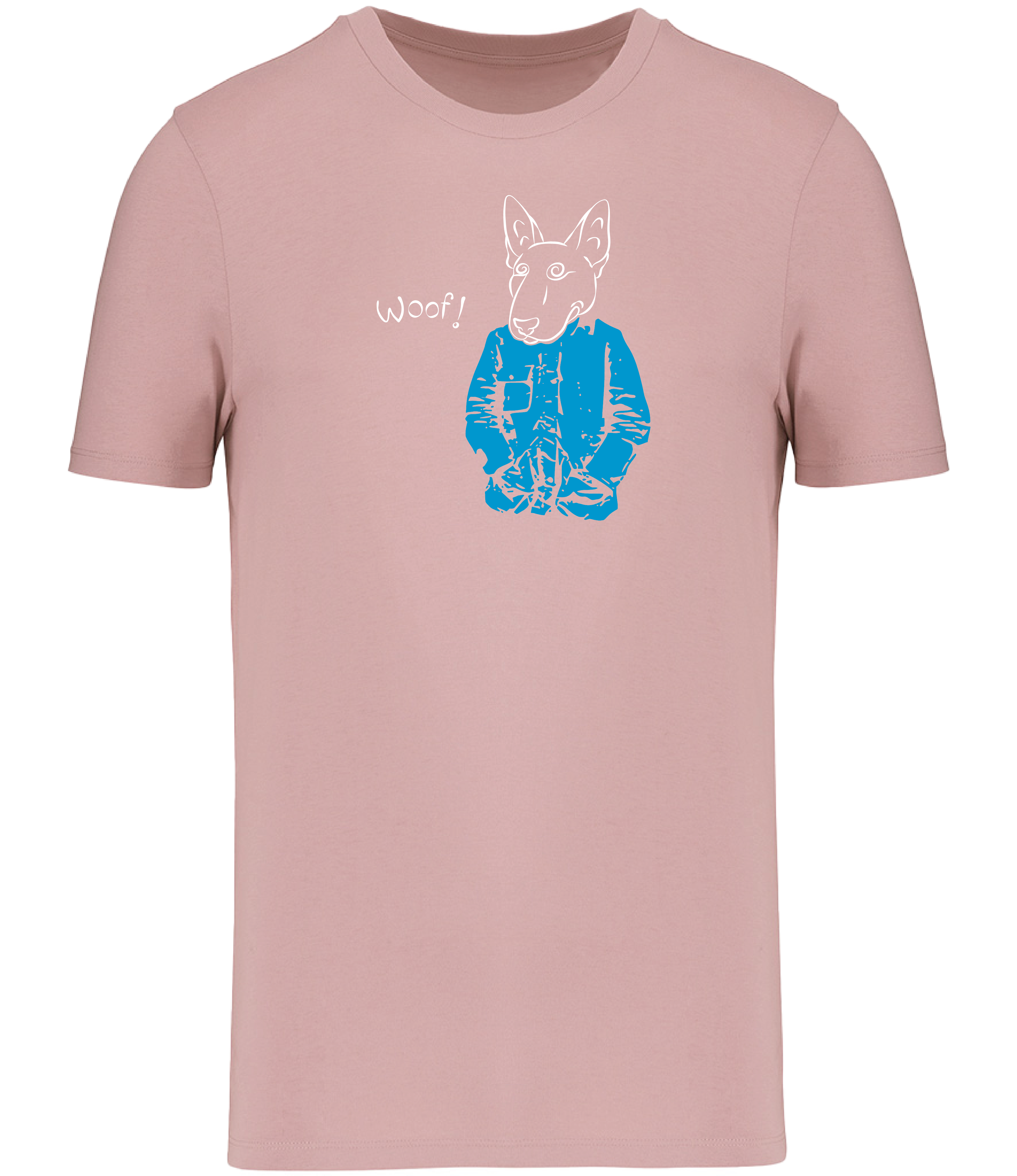Pink T-shirt printed with a drawing of an English Bull Terrier Dog wearing a blue jacket and the word woof 