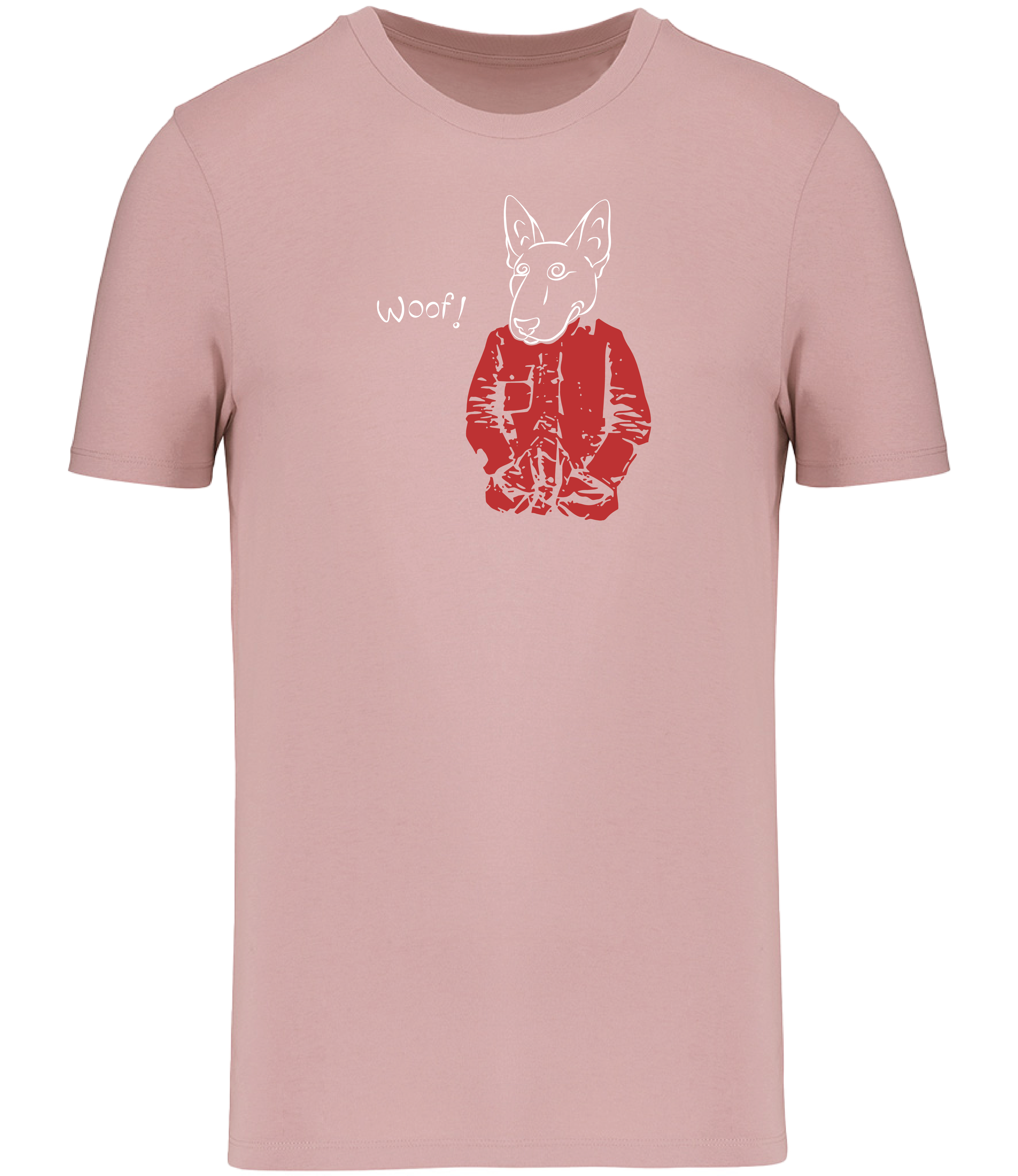 Pink T-shirt printed with a drawing of an English Bull Terrier Dog wearing a Red jacket and the word woof 