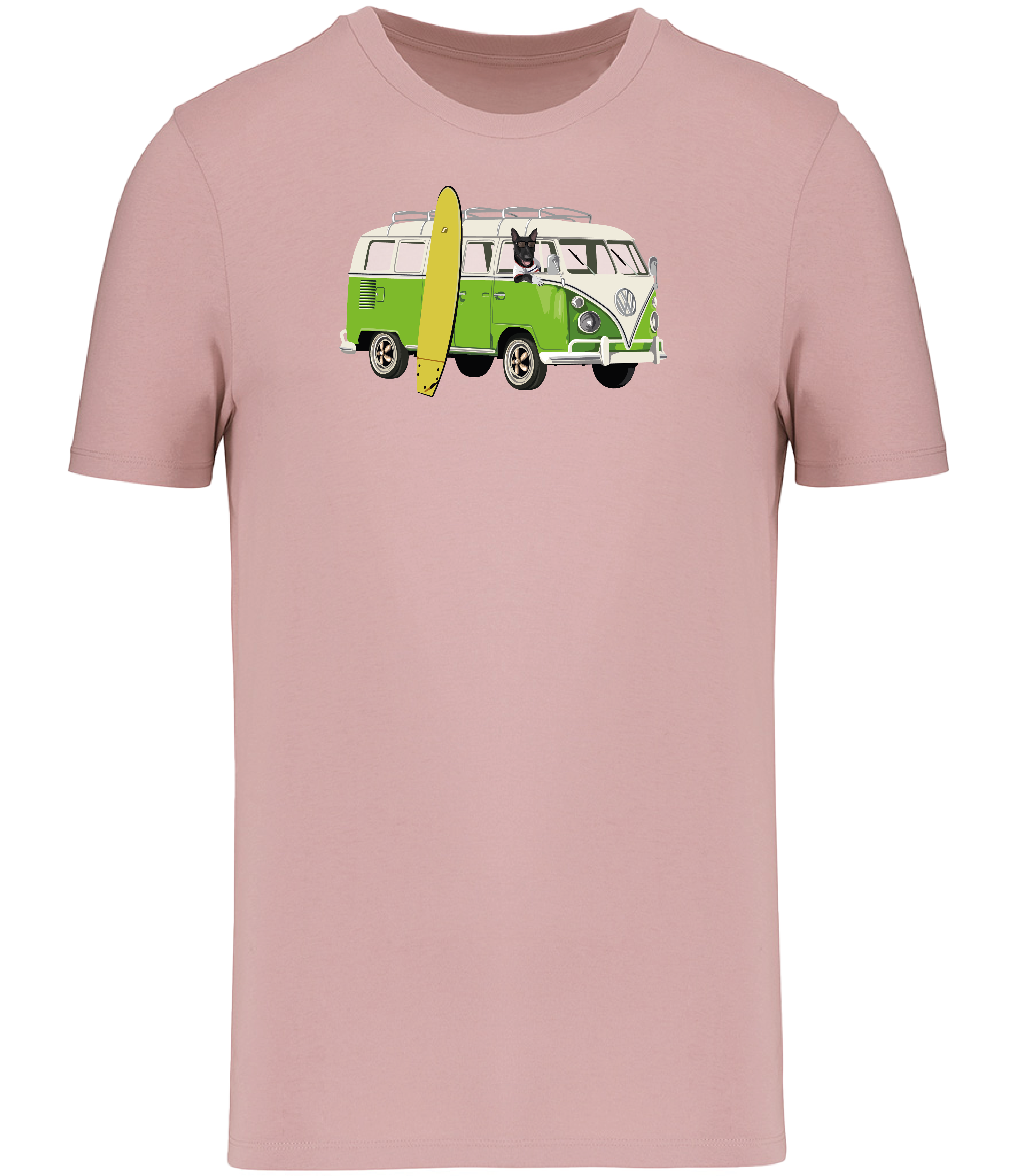 Pink T-shirt printed with and English Bull Terrier Dog in a camper van with a surf board