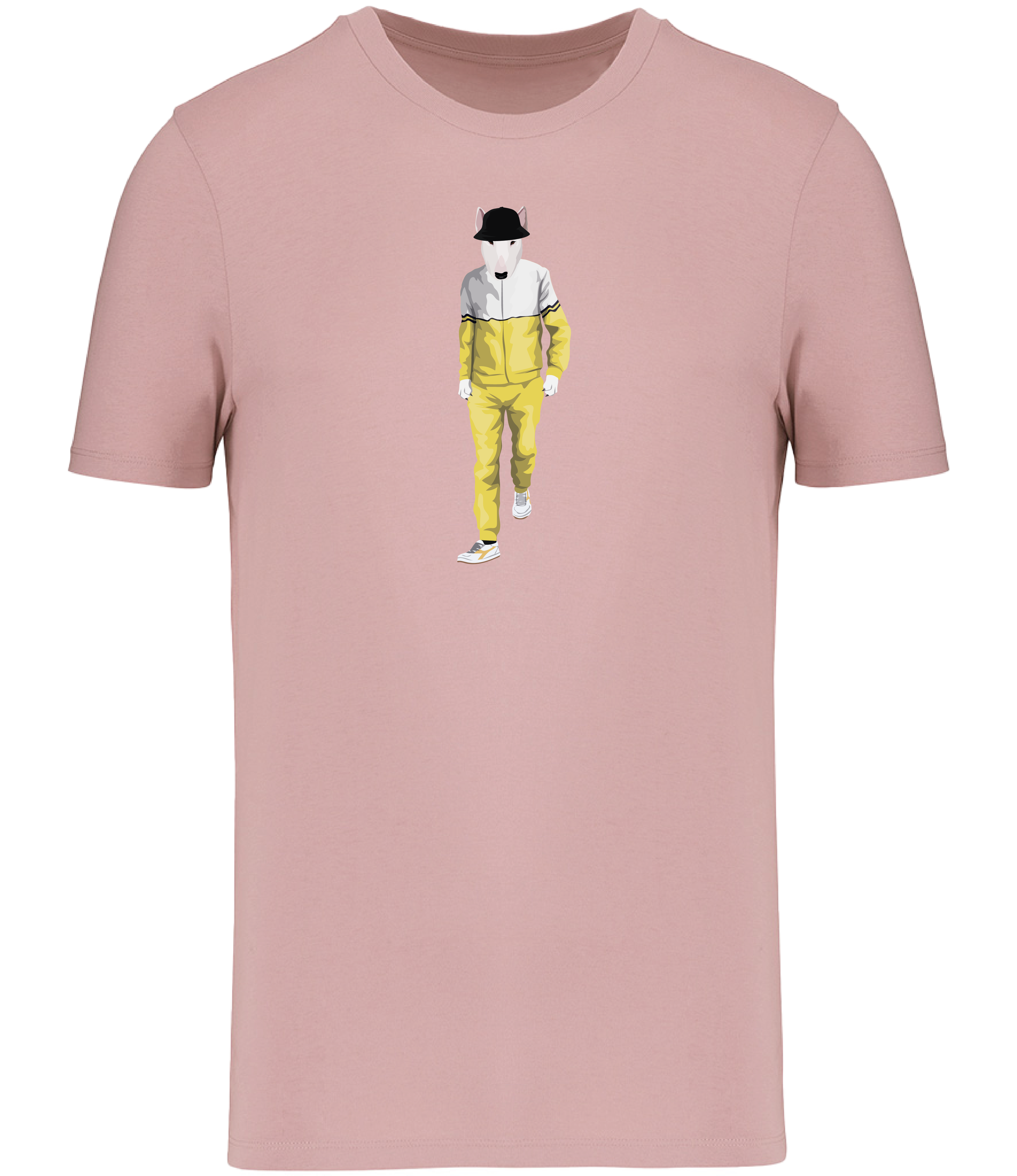 Pink T-shirt printed with an English Bull terrier Dog wearing a yellow and white tracksuit, trainers and a black bucket hat