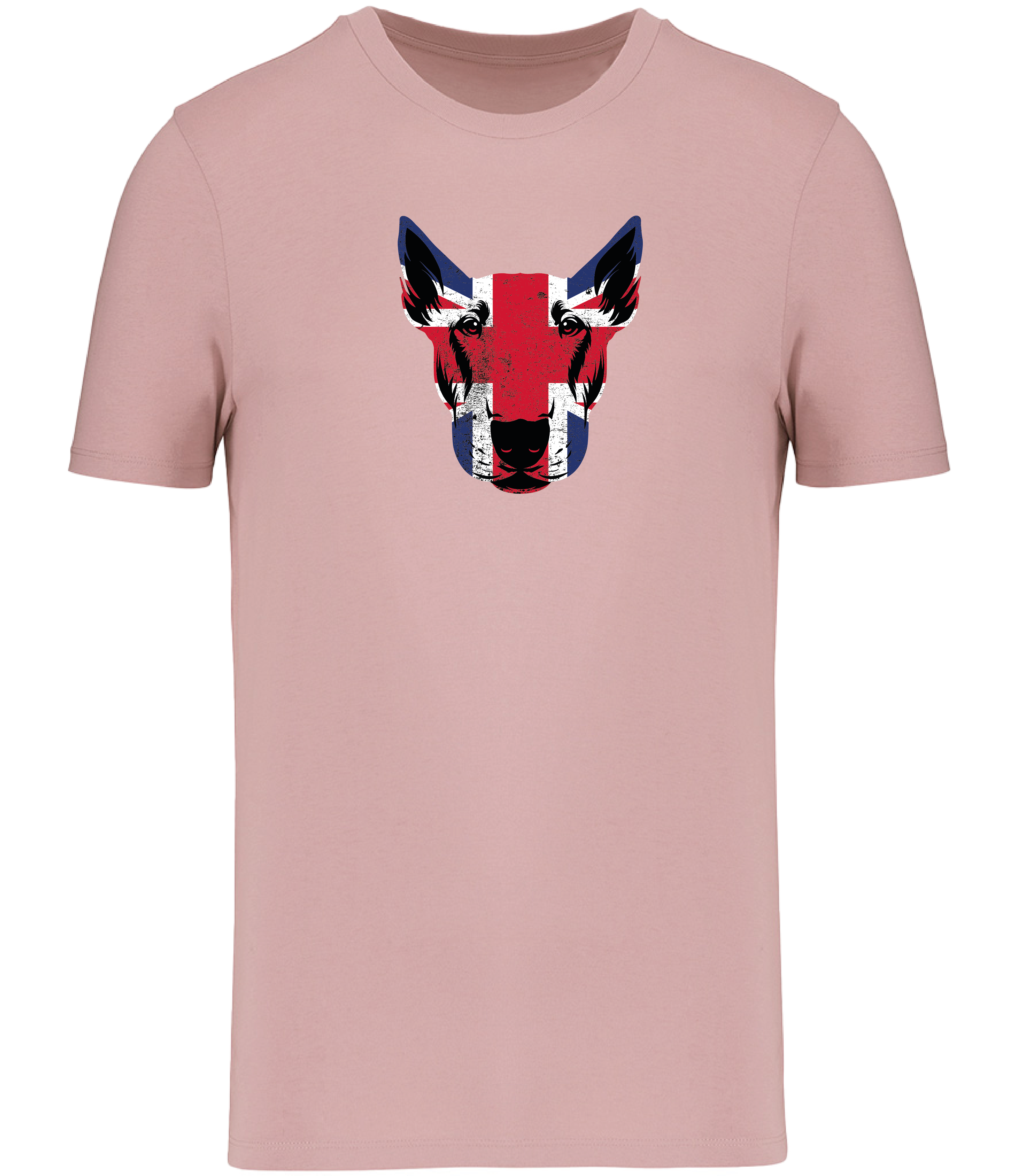 Rose Pink T-shirt printed with and English Bull Terrier Face covered in Union Jack Colours
