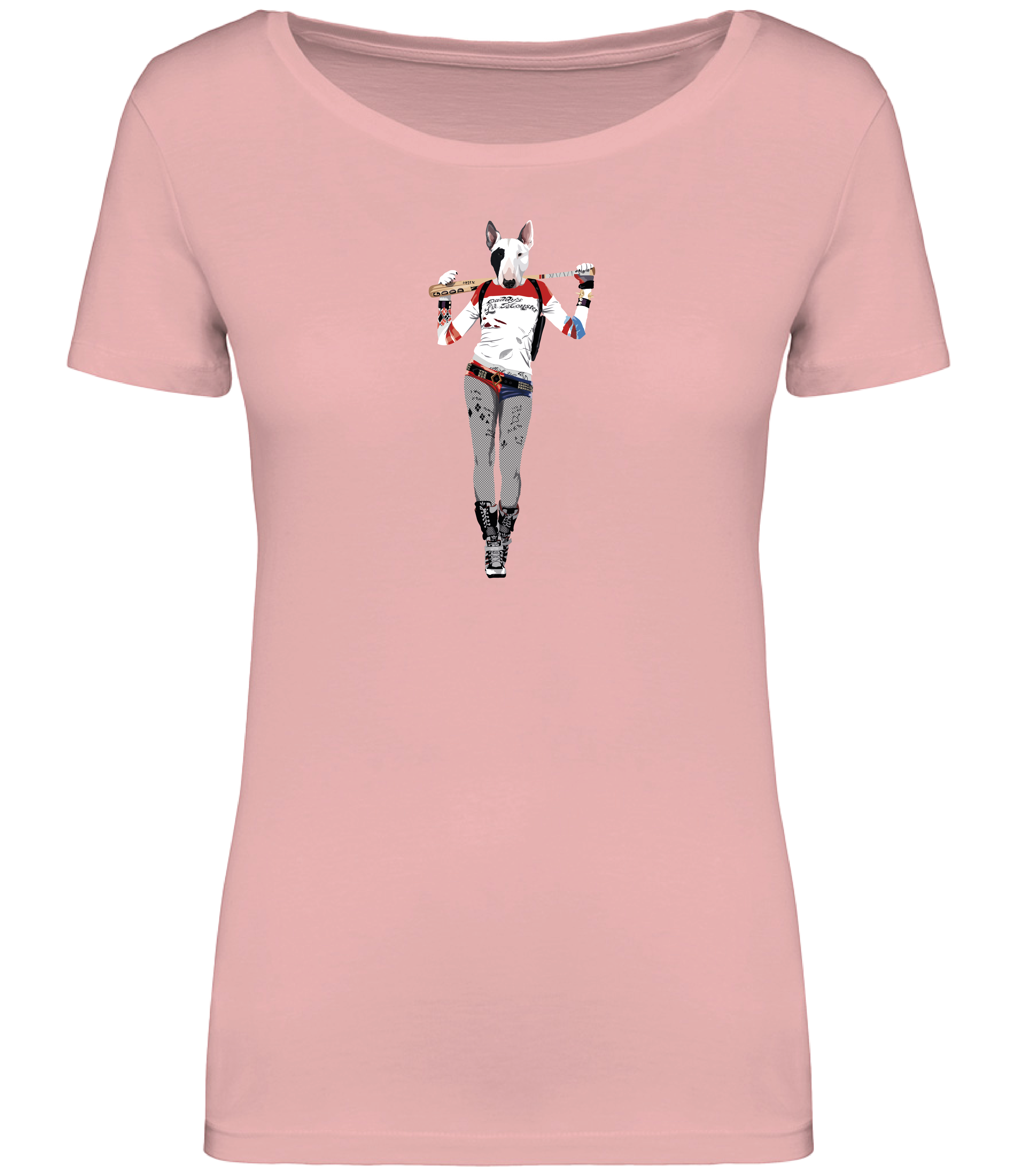 Pink Ladies T-shirt printed with and English Bull Terrier Dog dressed as the Harley Quinn character