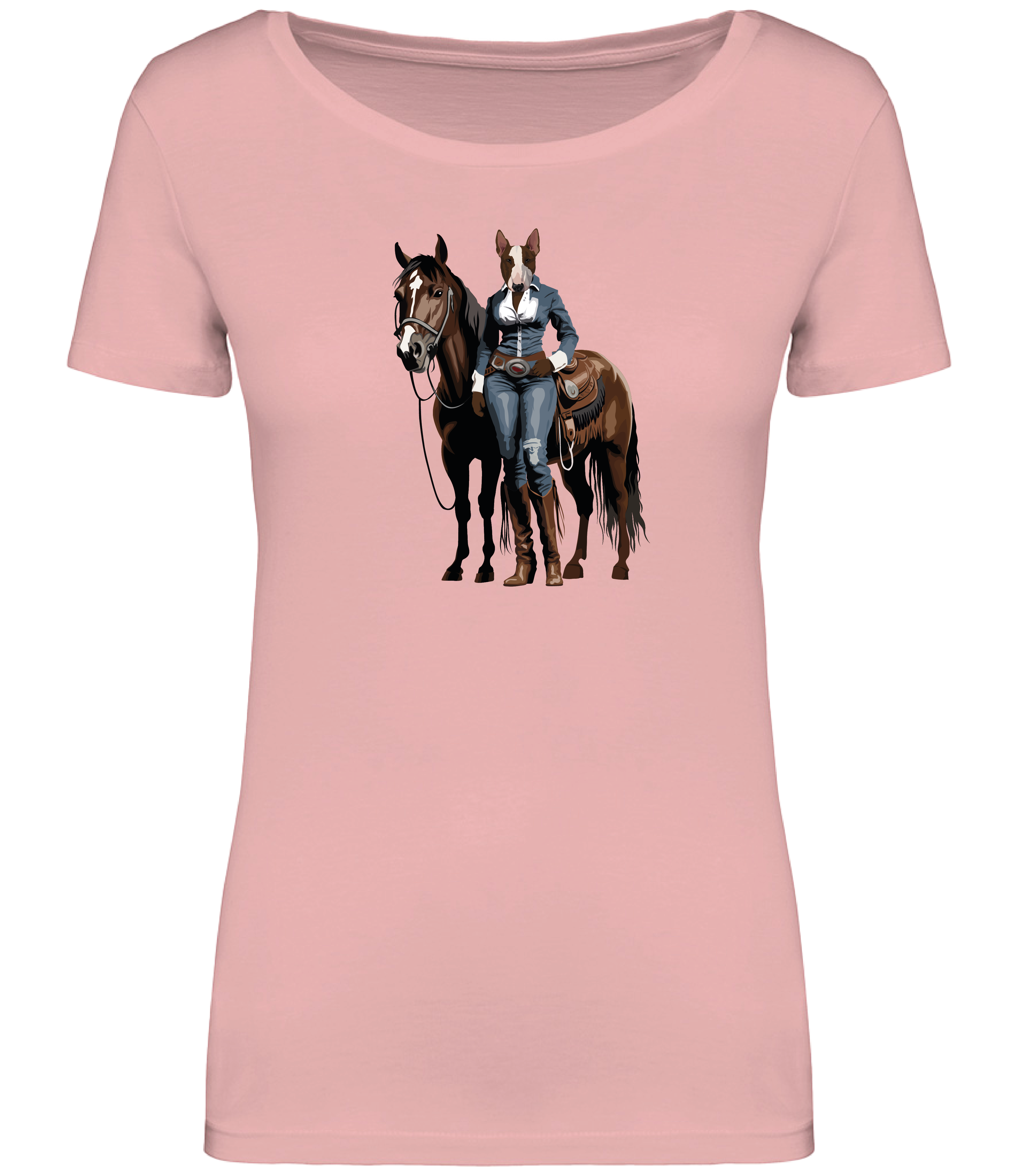 Pink T-shirt printed with and English Bull Terrier Dog dressed in denim western clothing with a horse in western style