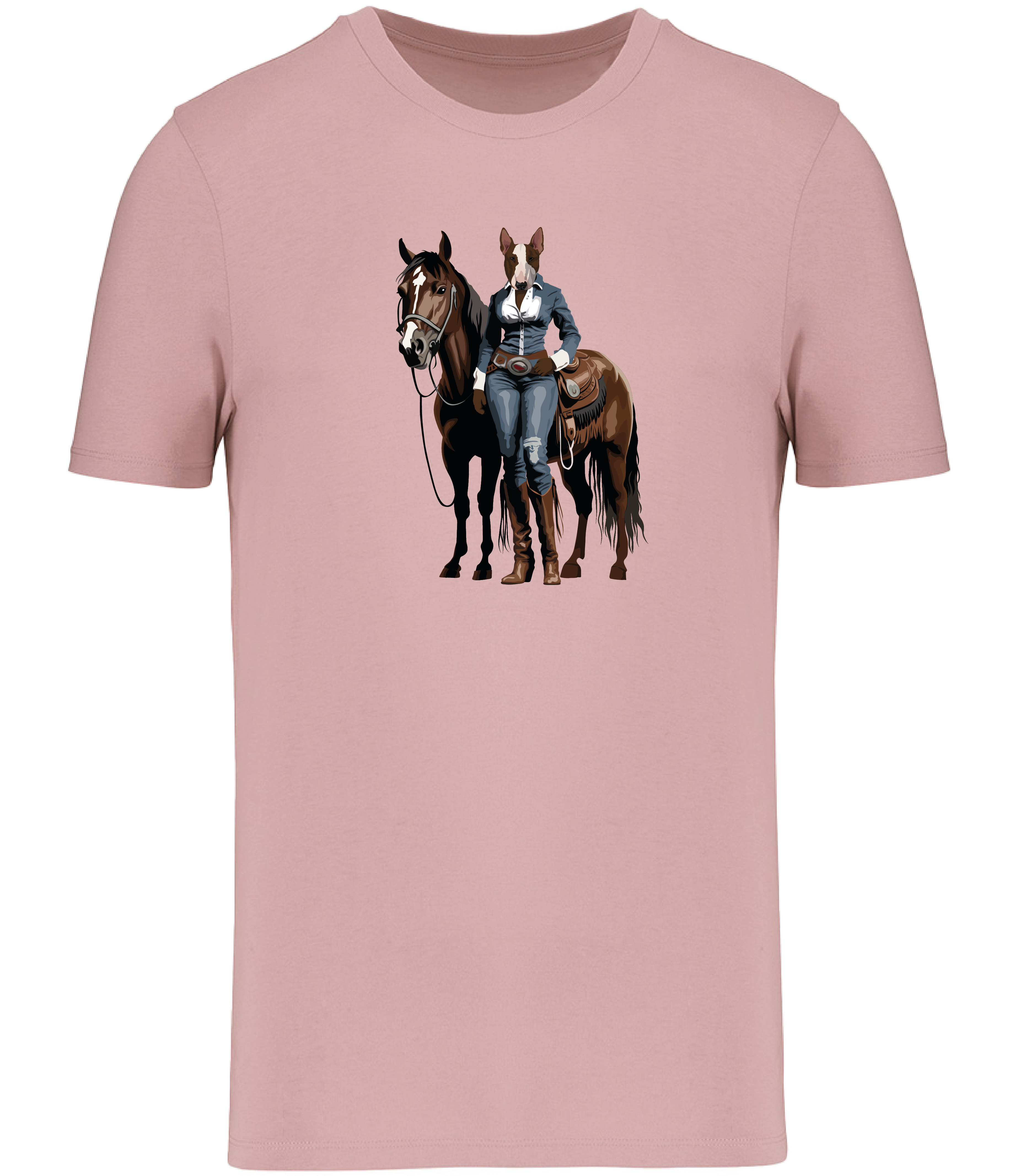 Pink T-shirt printed with and English Bull Terrier Dog dressed in denim western clothing with a horse in western style