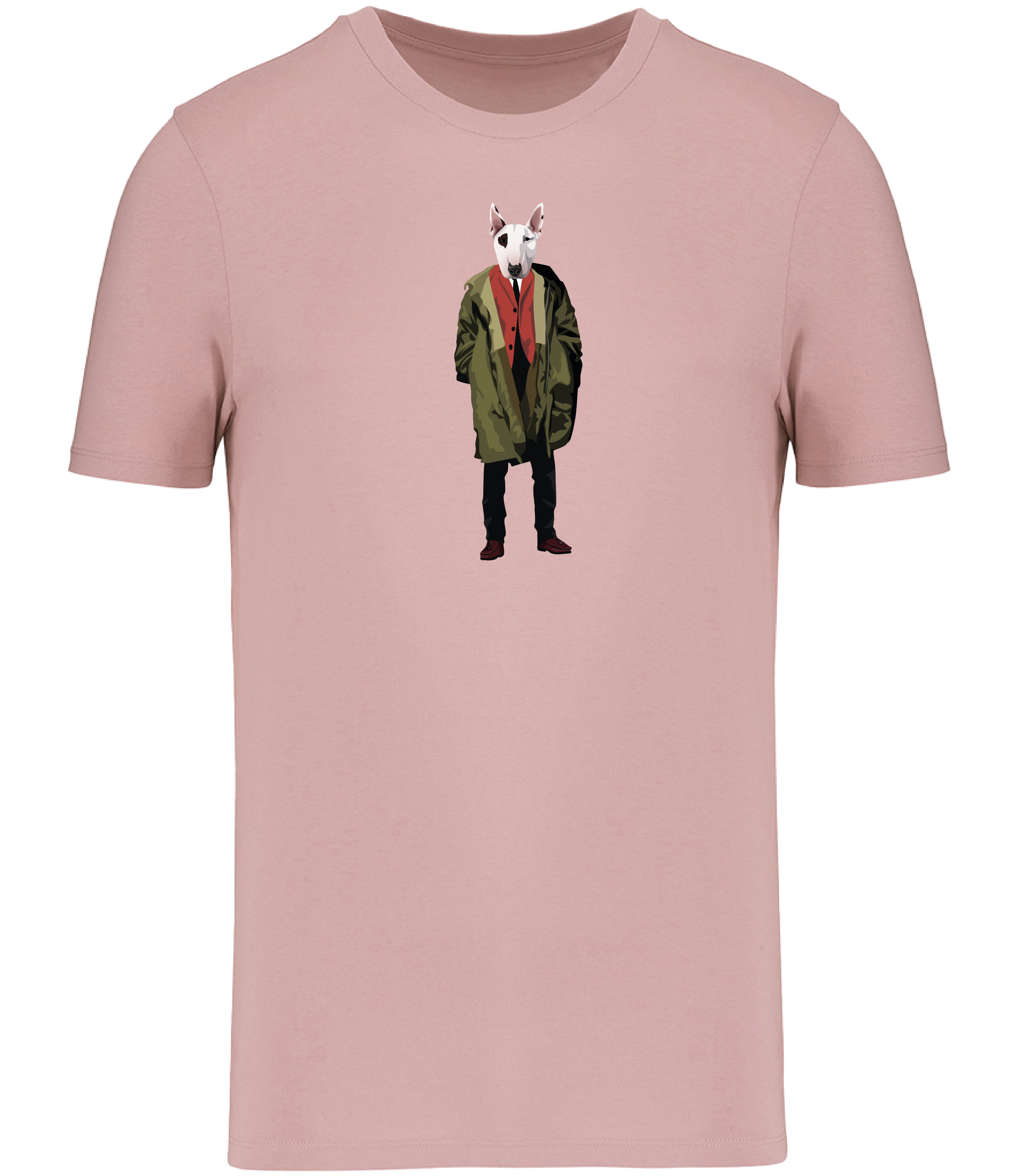 Rose Pink T-shirt printed with English Bull Terrier Dog wearing a green Parka Jacket and red waistcoat