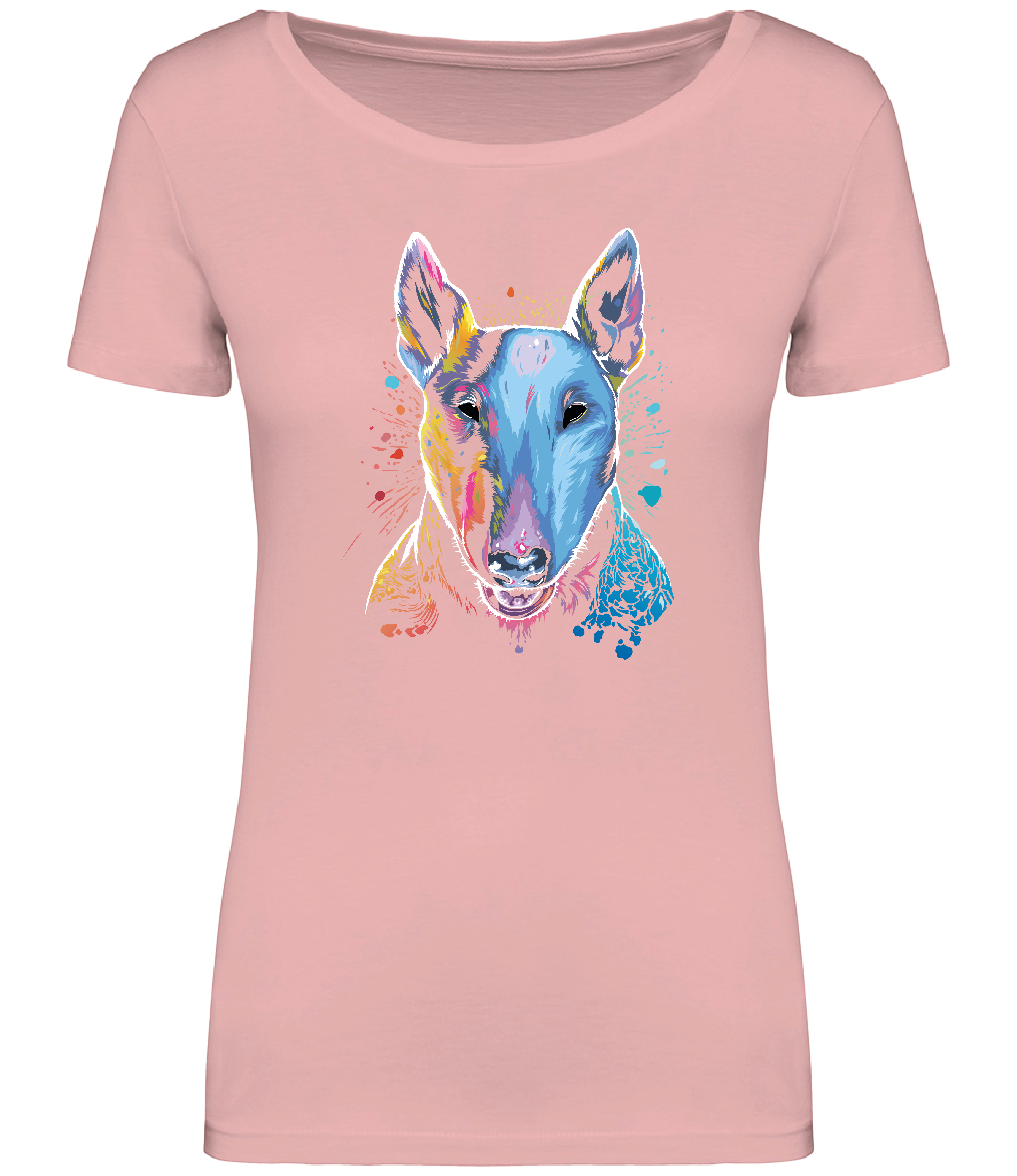 Pink T-shirt printed with an English Bull Terrier Dog face in bright colours and paint splashes 