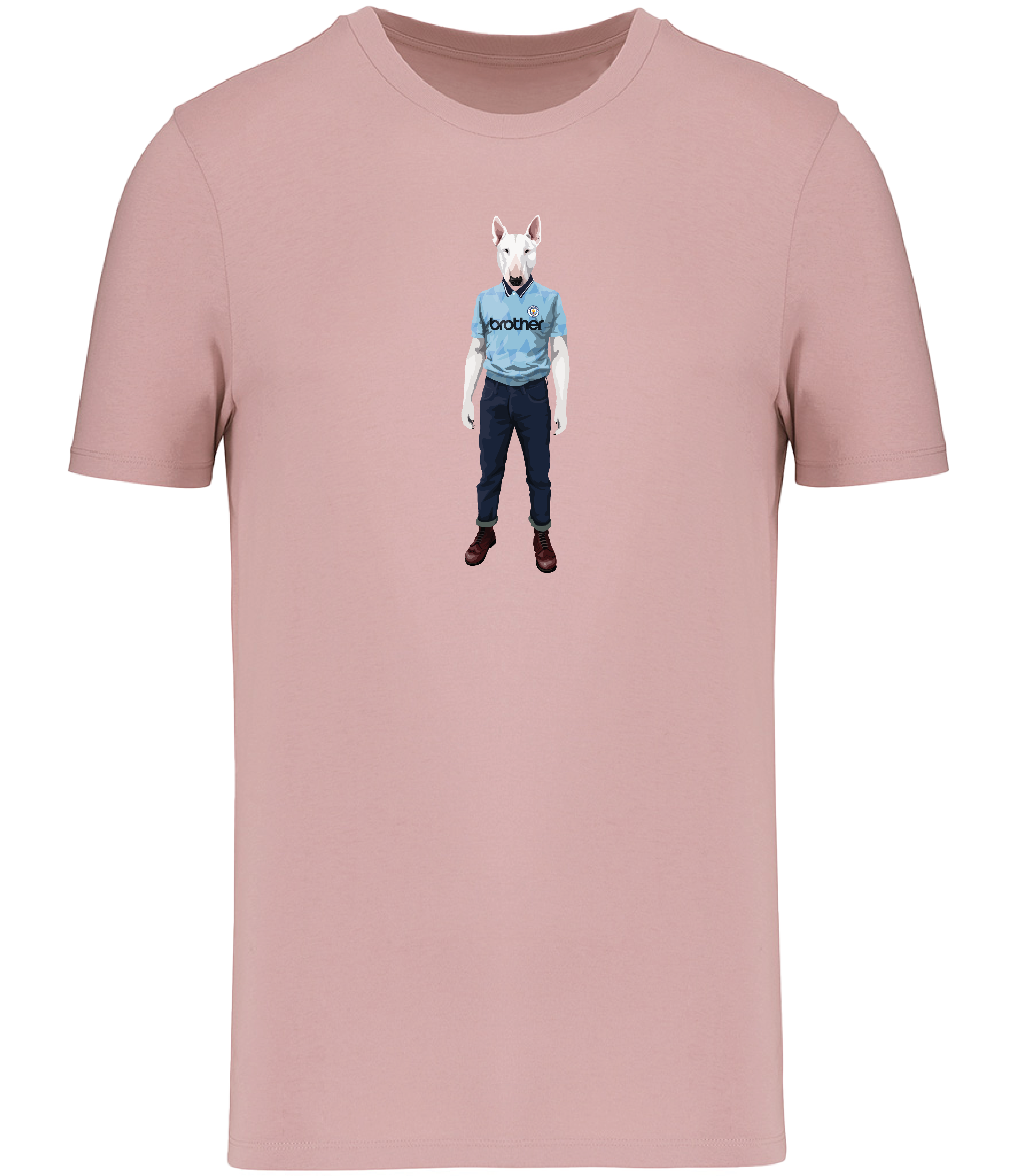 Rose Pink T-shirt printed with an English Bull Terrier Dog wearing a Manchester City Football Shirt and Jeans