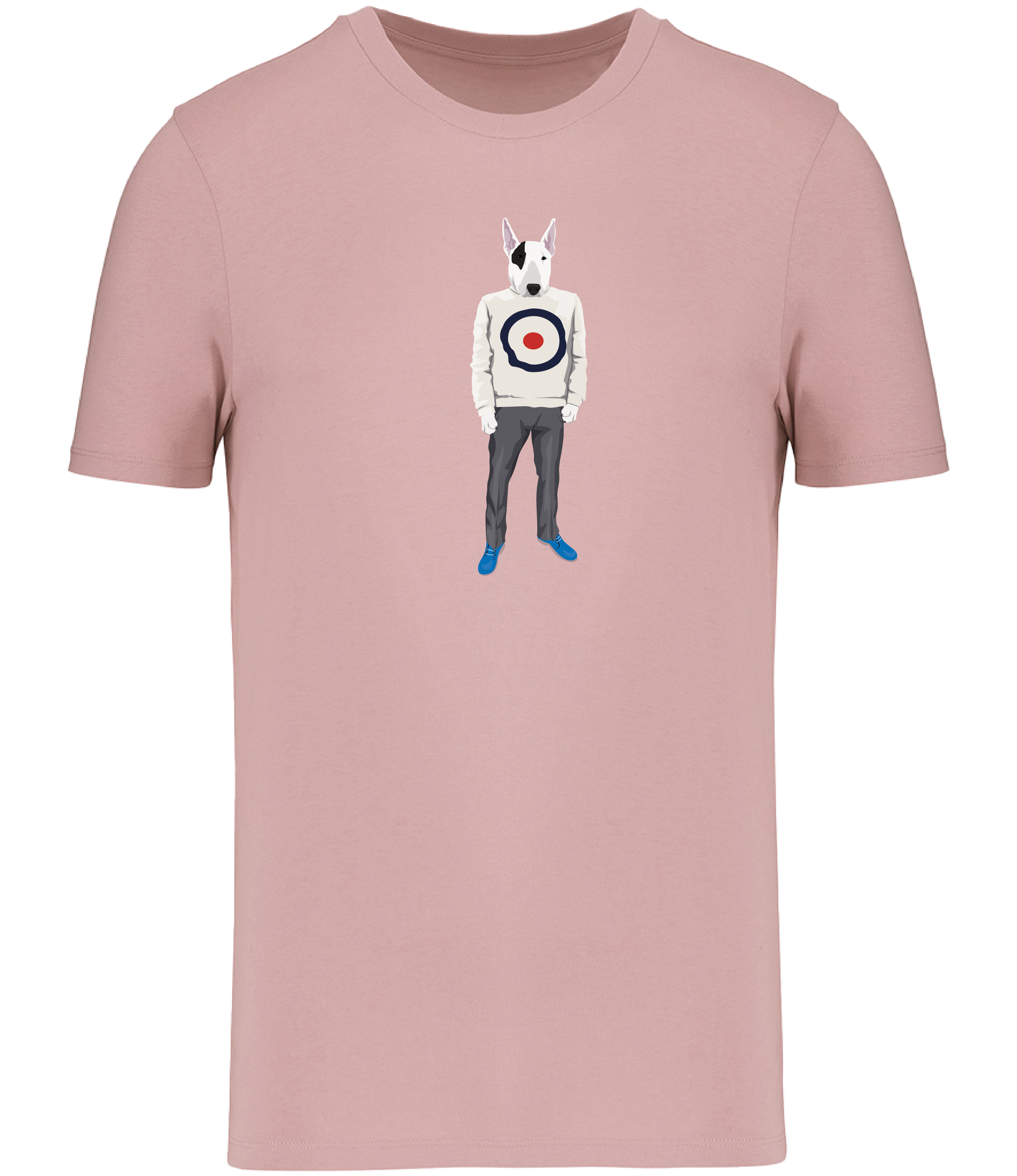 Rose Pink T-shirt Printed with an English Bull Terrier Dog wearing a jumper with a target on it, grey trousers and blue shoes
