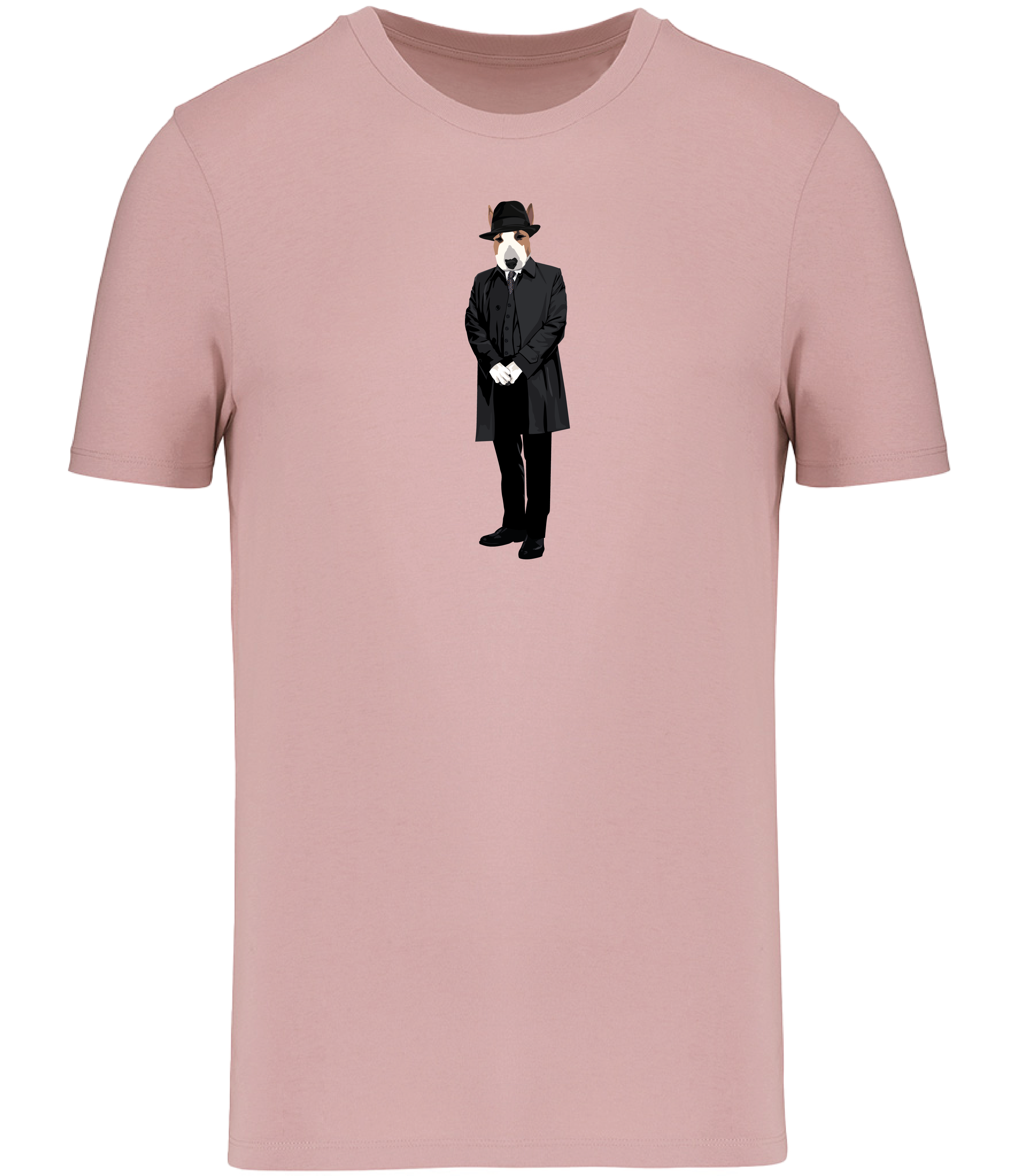 Rose Pink T-shirt English Bull Terrier Dog dressed in a hat and long grey trench coat