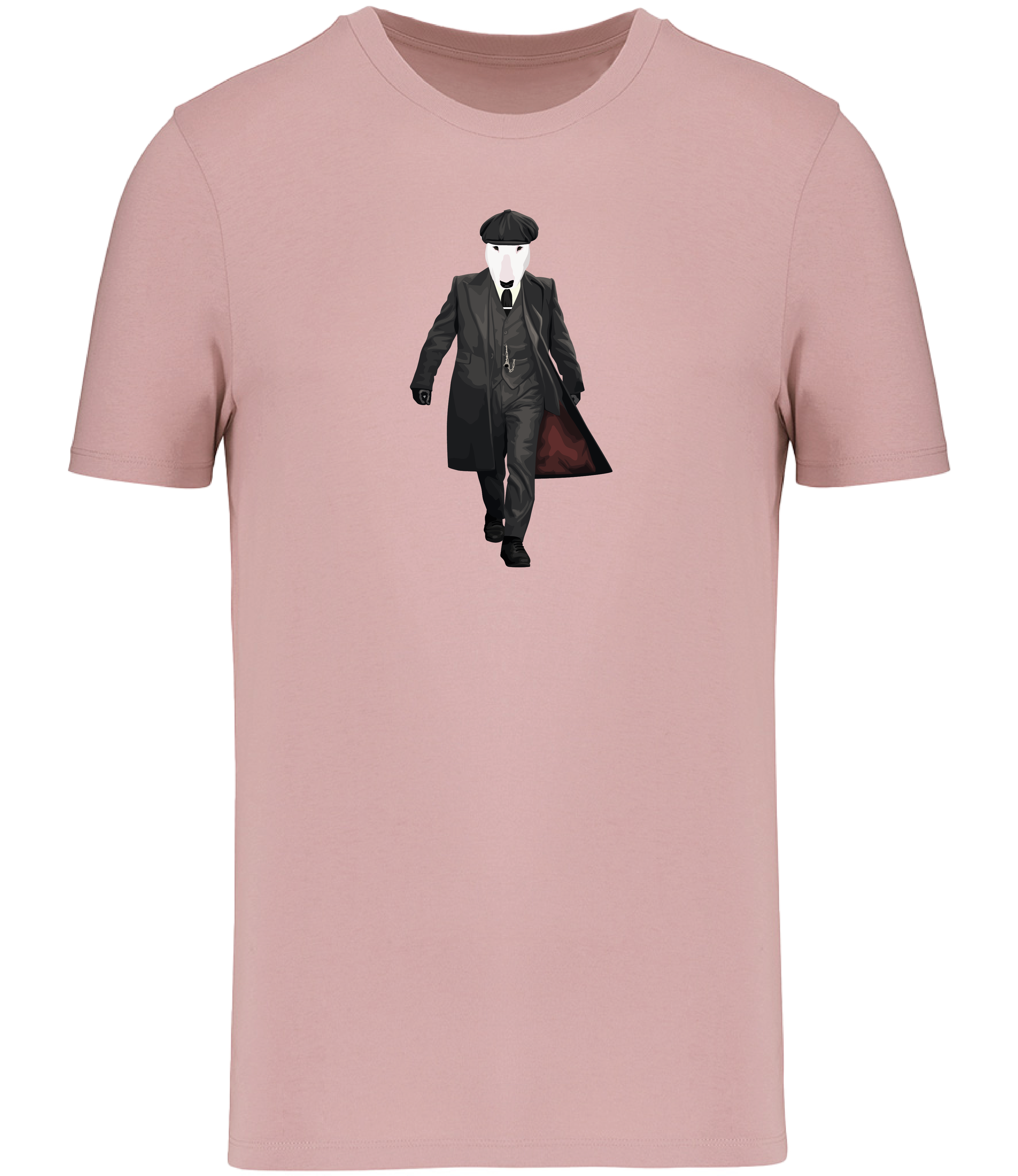 Rose Pink T-shirt printed with an English Bull Terrier Dog dressed as the character Thomas Shelby from the TV series Peaky Blinders
