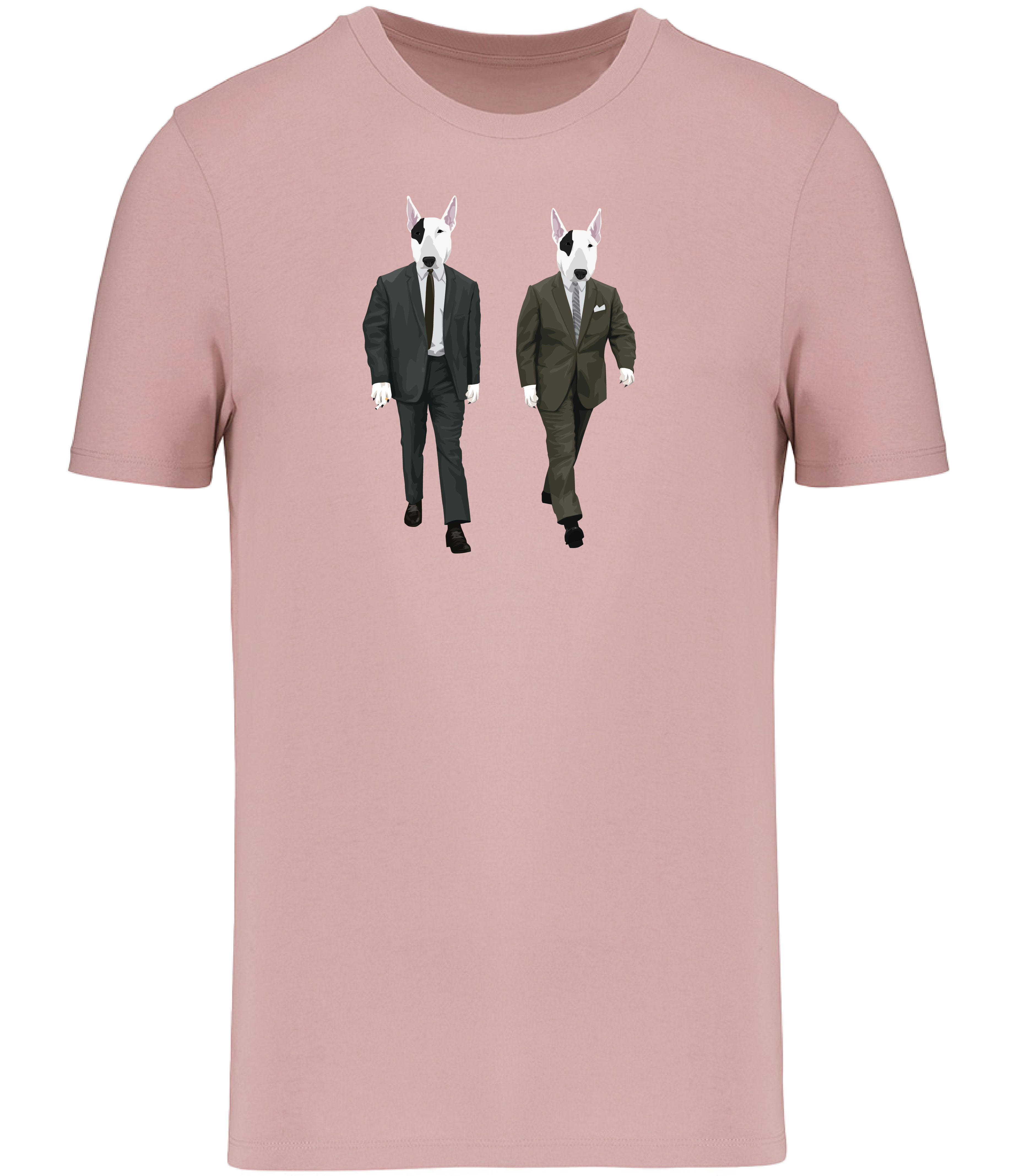 Rose Pink T-shirt printed with 2 identical looking English Bull Terrier Dogs wearing suits and ties