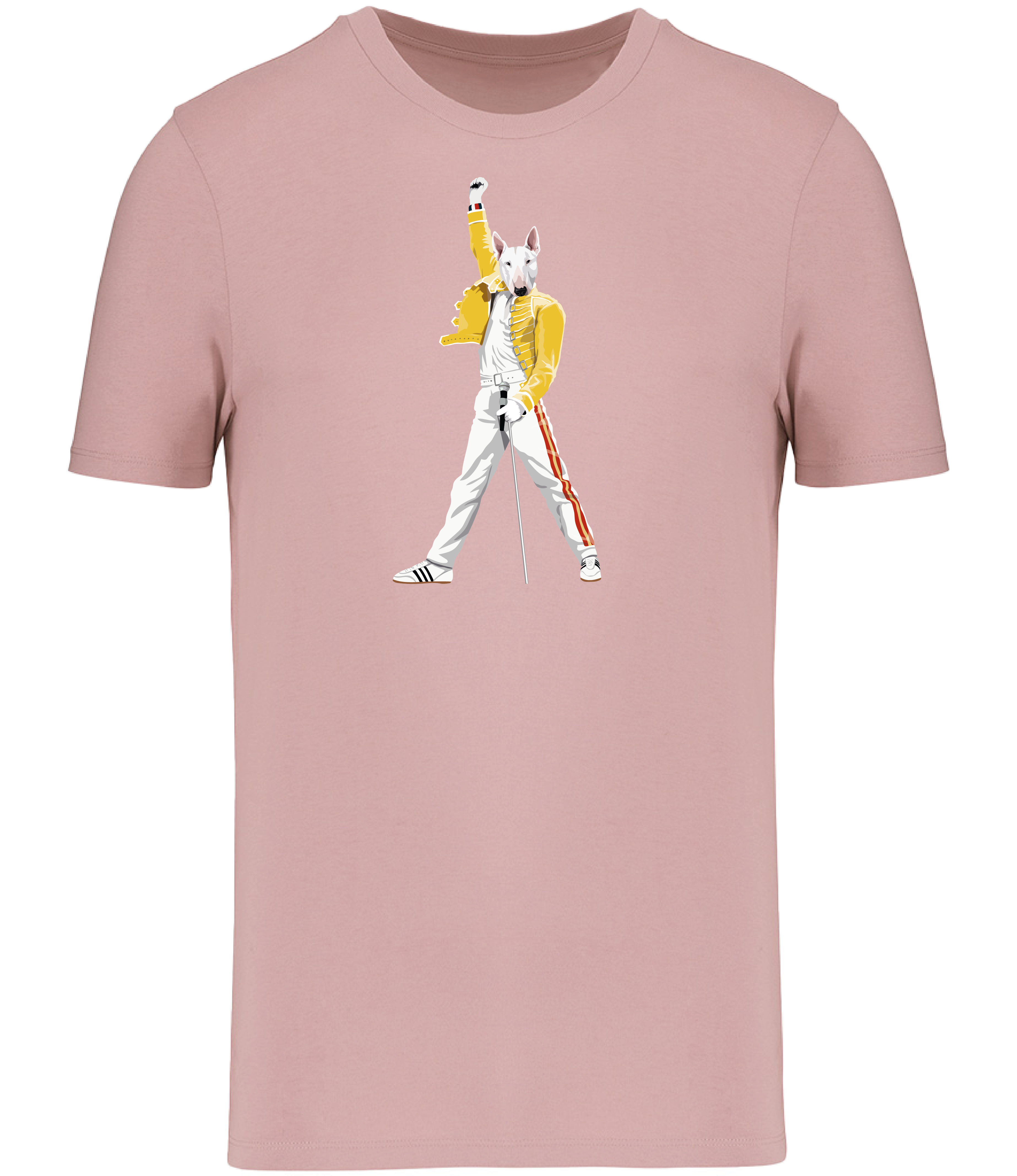 Rose Pink T-shirt Terrier Dog Dressed up like the pop Icon Freddie mercury holding a microphone
