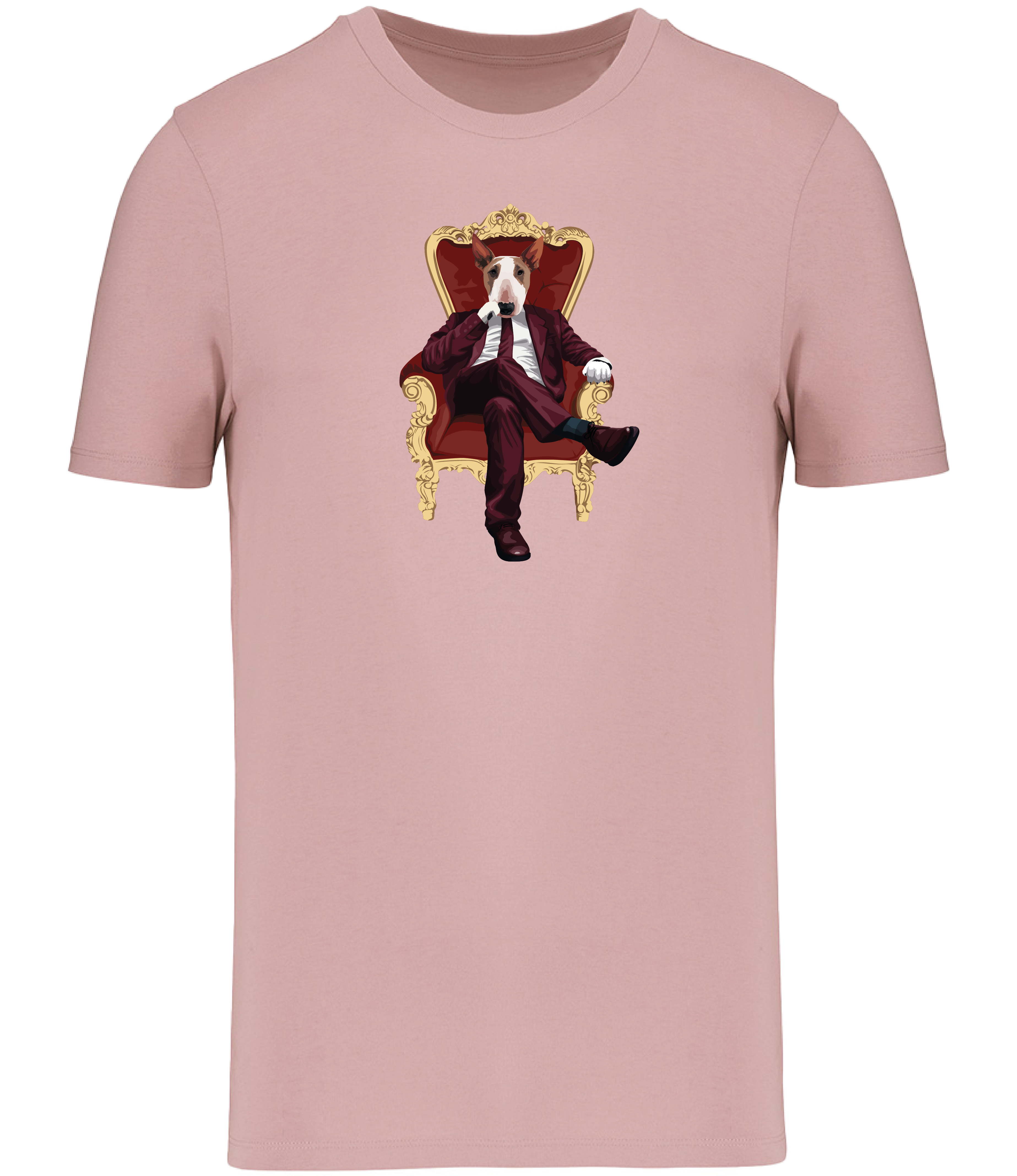 Rose Pink T-shirt printed with and English Bull Terrier Dog wearing a red suit and tie sitting in a big gold and red throne type chair