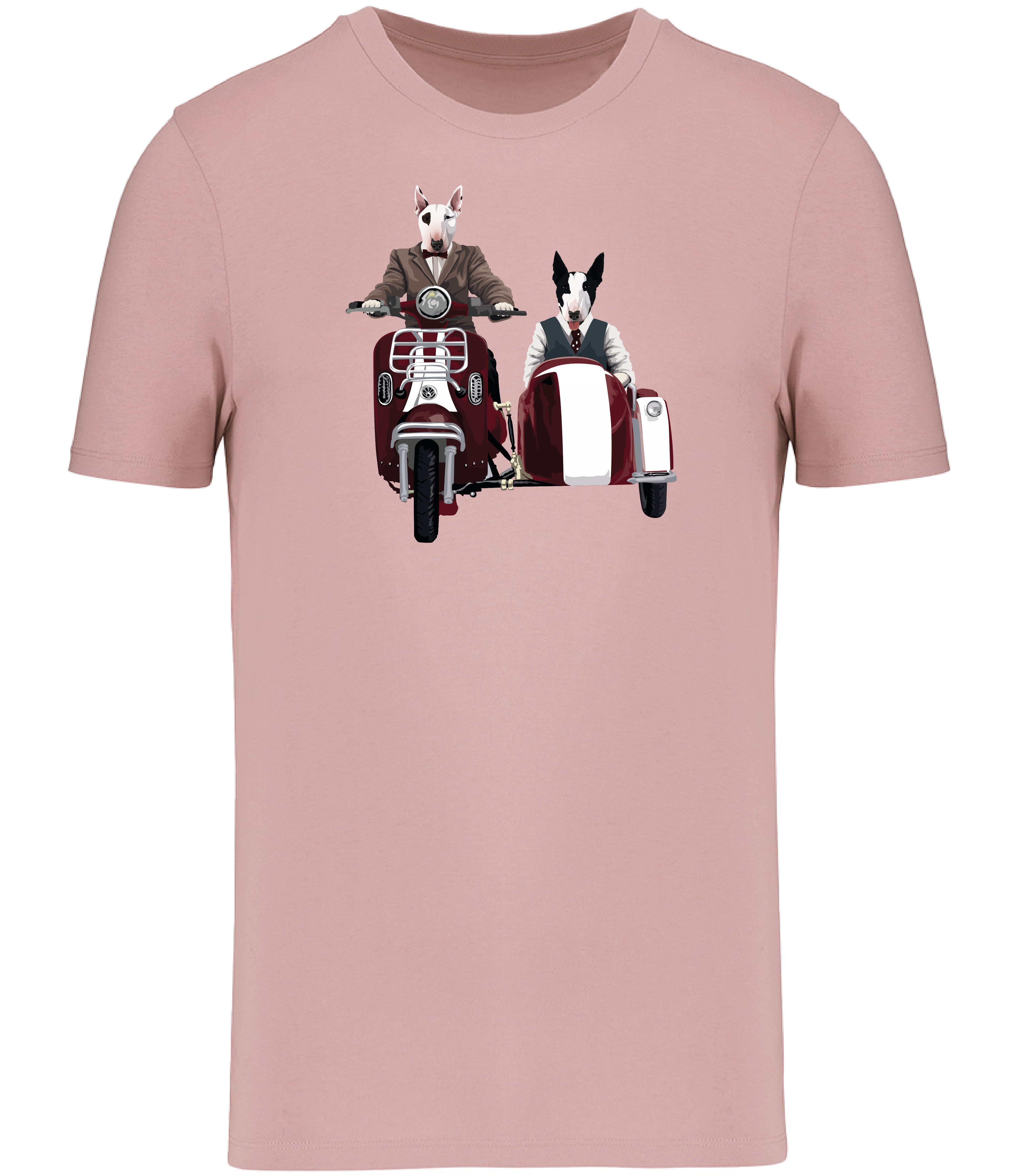 Rose Pink T-shirt printed with an English Bull Terrier riding a Motorcycle and side car and another English Bull Terrier riding in the sideca