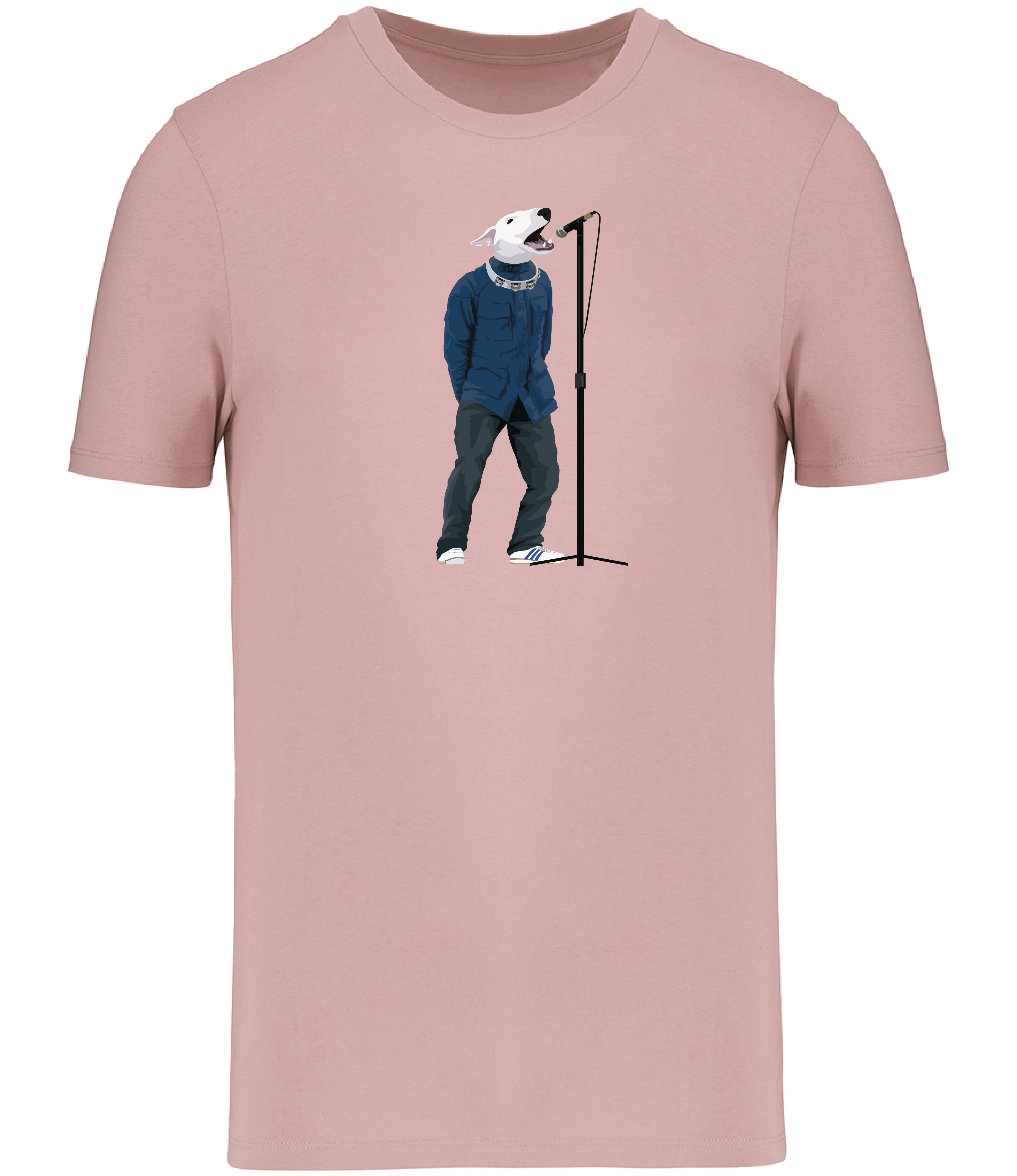 Rose Pink T-shirt printed with an English Bull Terrier Dog wearing a blue jacket, jeans and trainers. A tambourine round his neck singing into a microphone